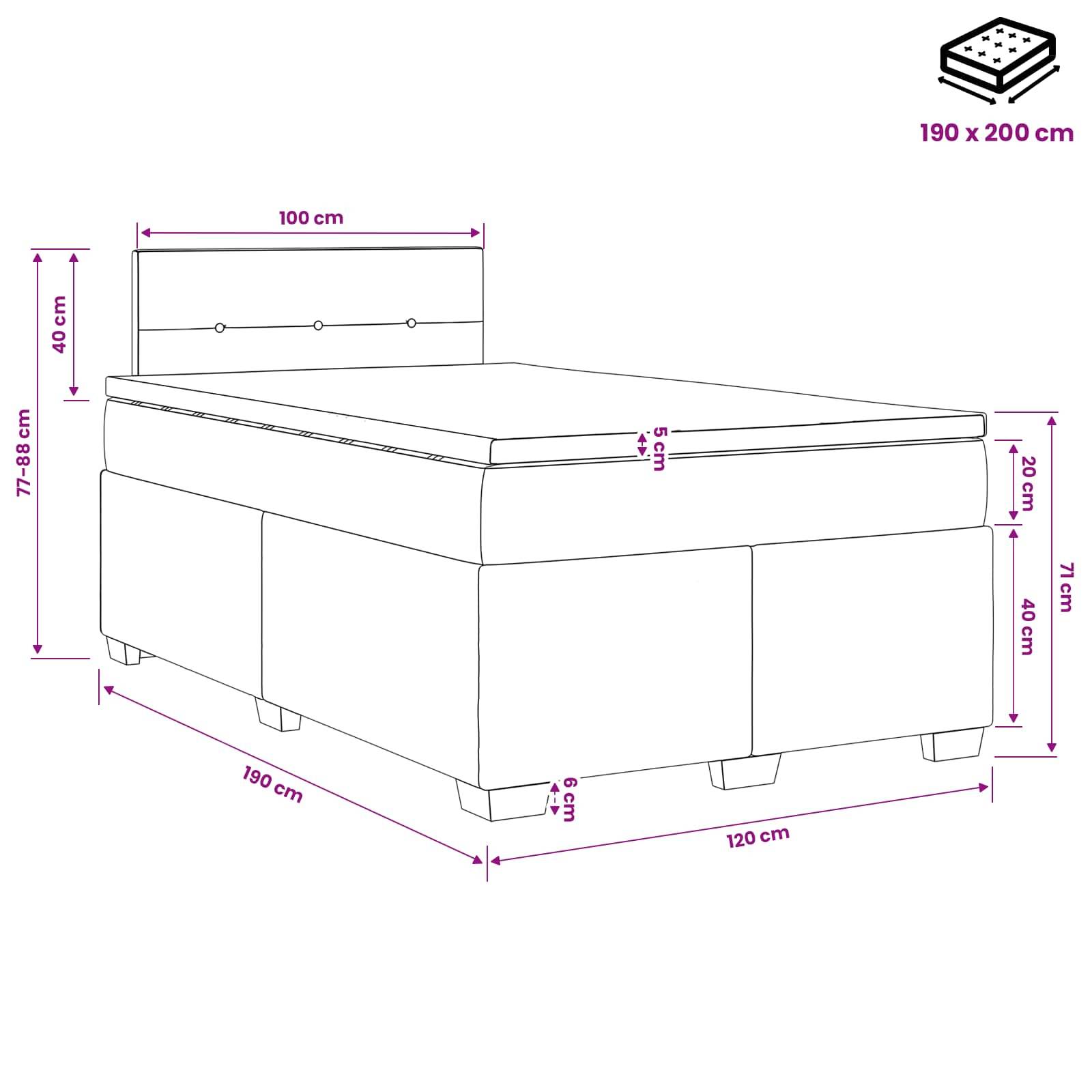 Maßstabgetreue Zeichnung eines Einzelbetts mit Matratze, die die Gesamtgröße von 190 x 200 cm sowie Abmessungen für Kopfteil, Bettgestell, Höhe und Breite zeigt.