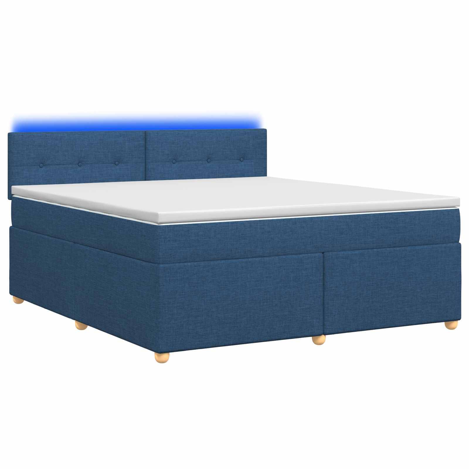 Blaues Polsterbett mit Stauraum, gestepptem Kopfteil und weißer Matratze auf weißem Hintergrund.