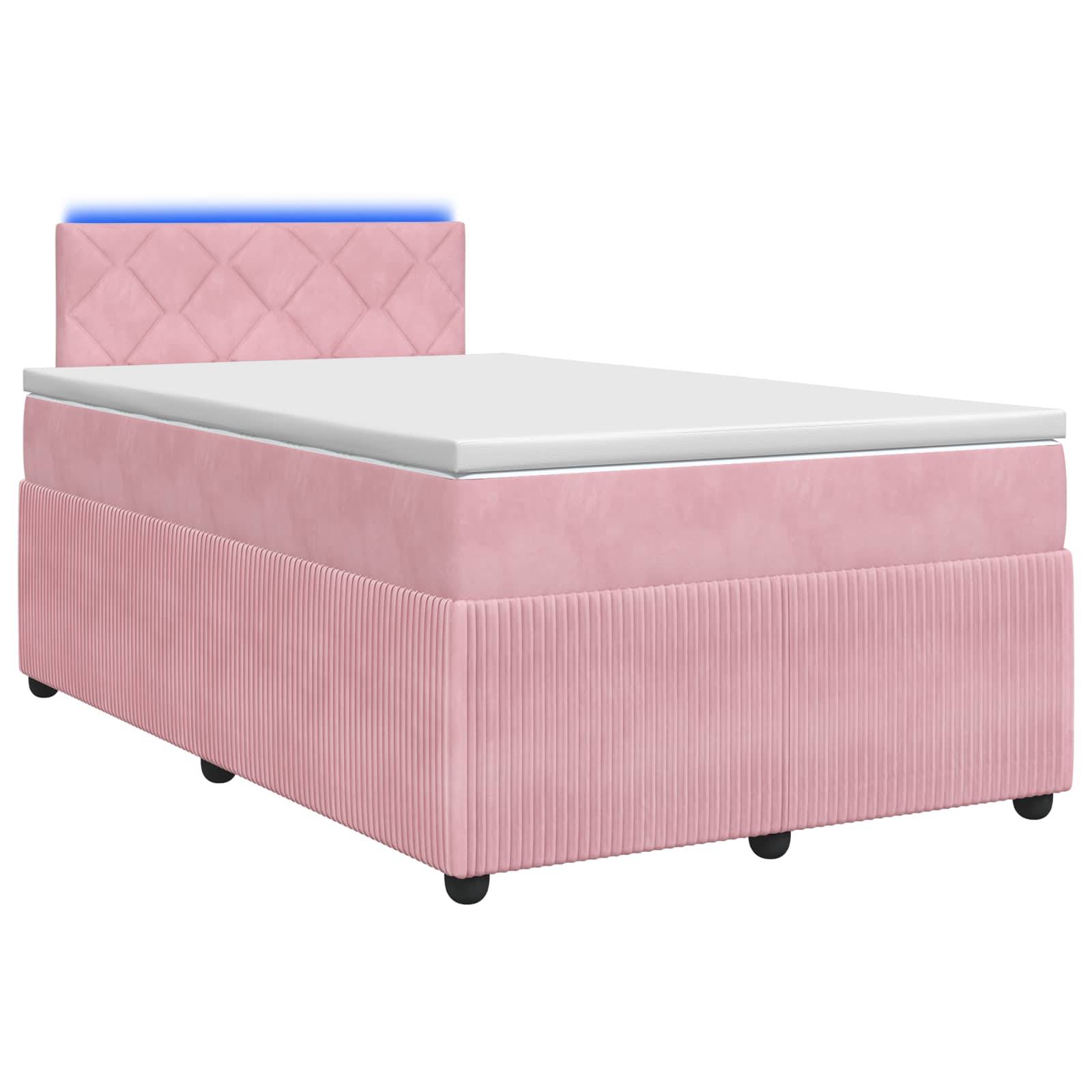 Rosa gepolstertes Bett mit weißer Matratze und gestepptem Kopfteil, dargestellt in einer einfachen Produktansicht auf weißem Hintergrund.