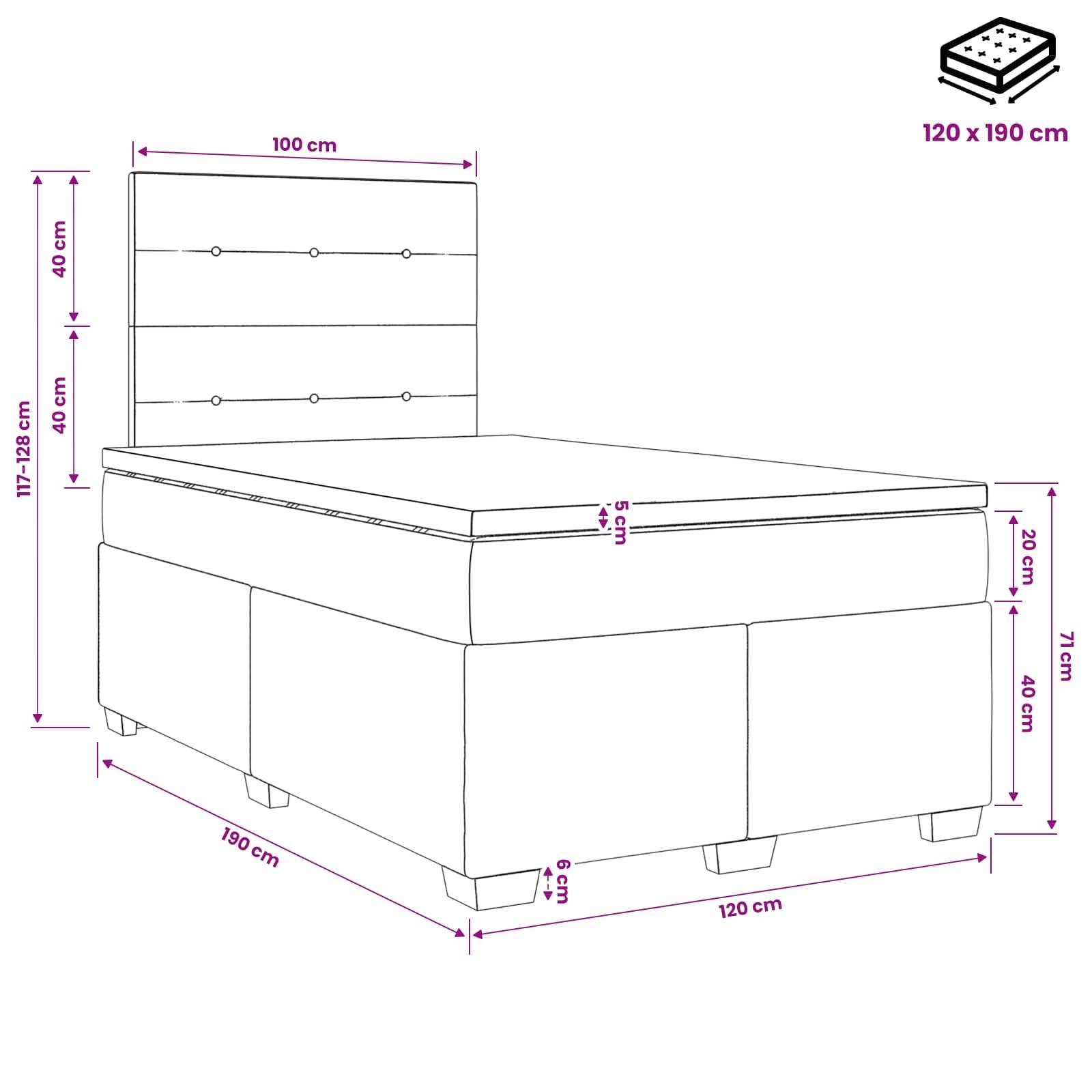Linienzeichnung eines gepolsterten Betts mit Kopfteil, mit den Maßen: 120 x 190 cm Matratze, 100 cm Kopfteilbreite und Gesamthöhe 117-128 cm.
