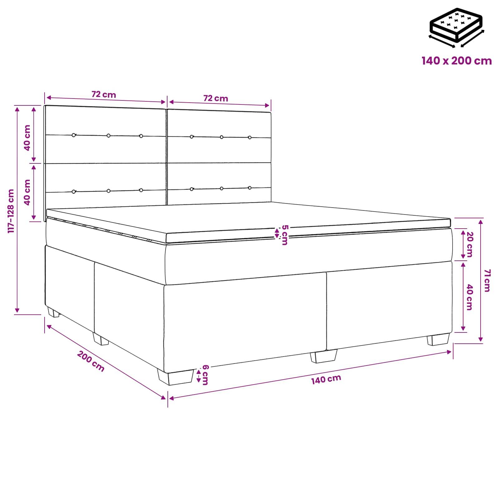 Beschriftetes Abmessungsdiagramm eines gepolsterten Bettgestells mit Kopfteil, das die Matratzenabmessungen 140 x 200 cm und die Gesamtbettabmessungen in Zentimetern zeigt.