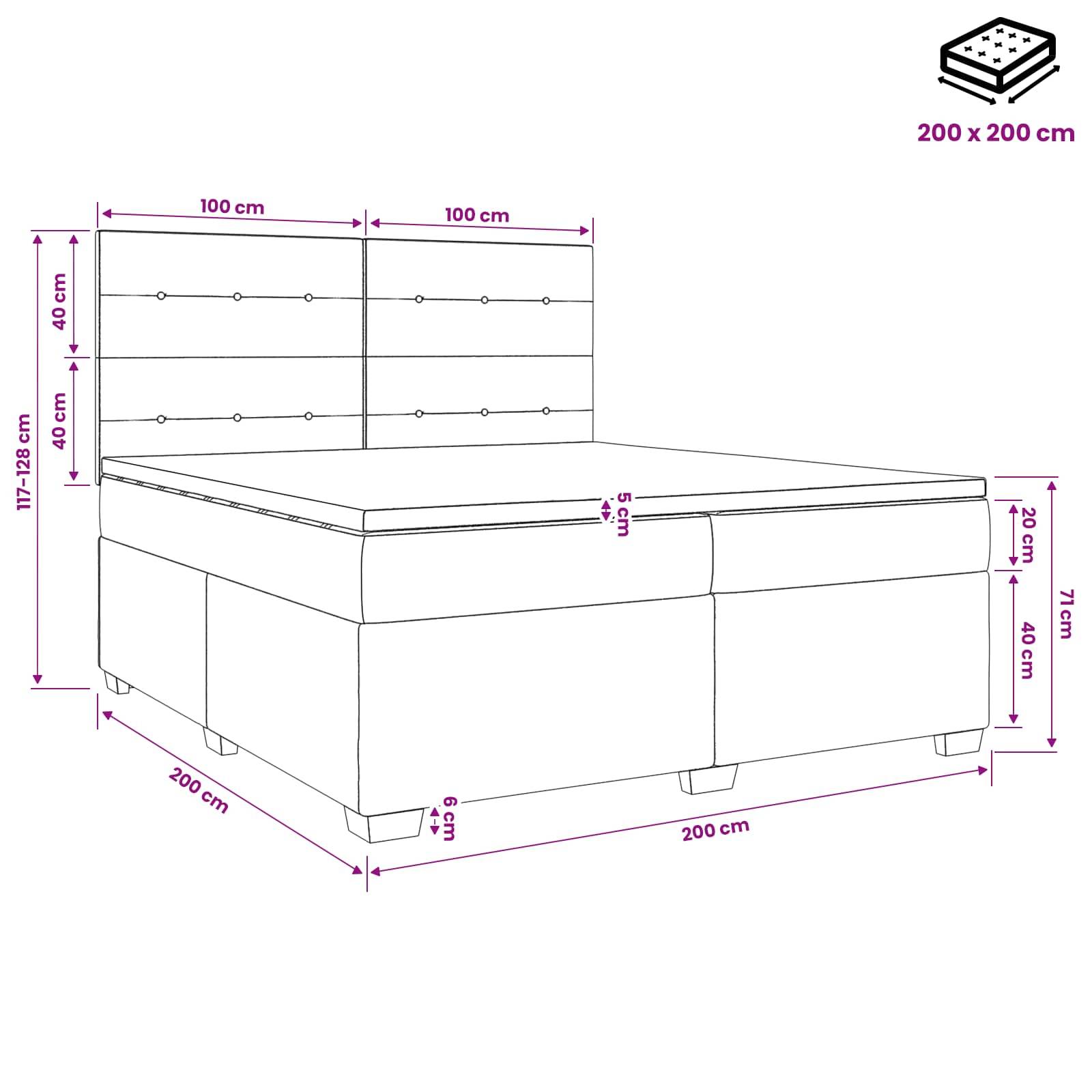 Diagramm eines Betts mit Kopfteil und Abmessungen, das eine Matratzengröße von 200 x 200 cm und Messungen für Höhe, Breite und Tiefe des Bettgestells zeigt.