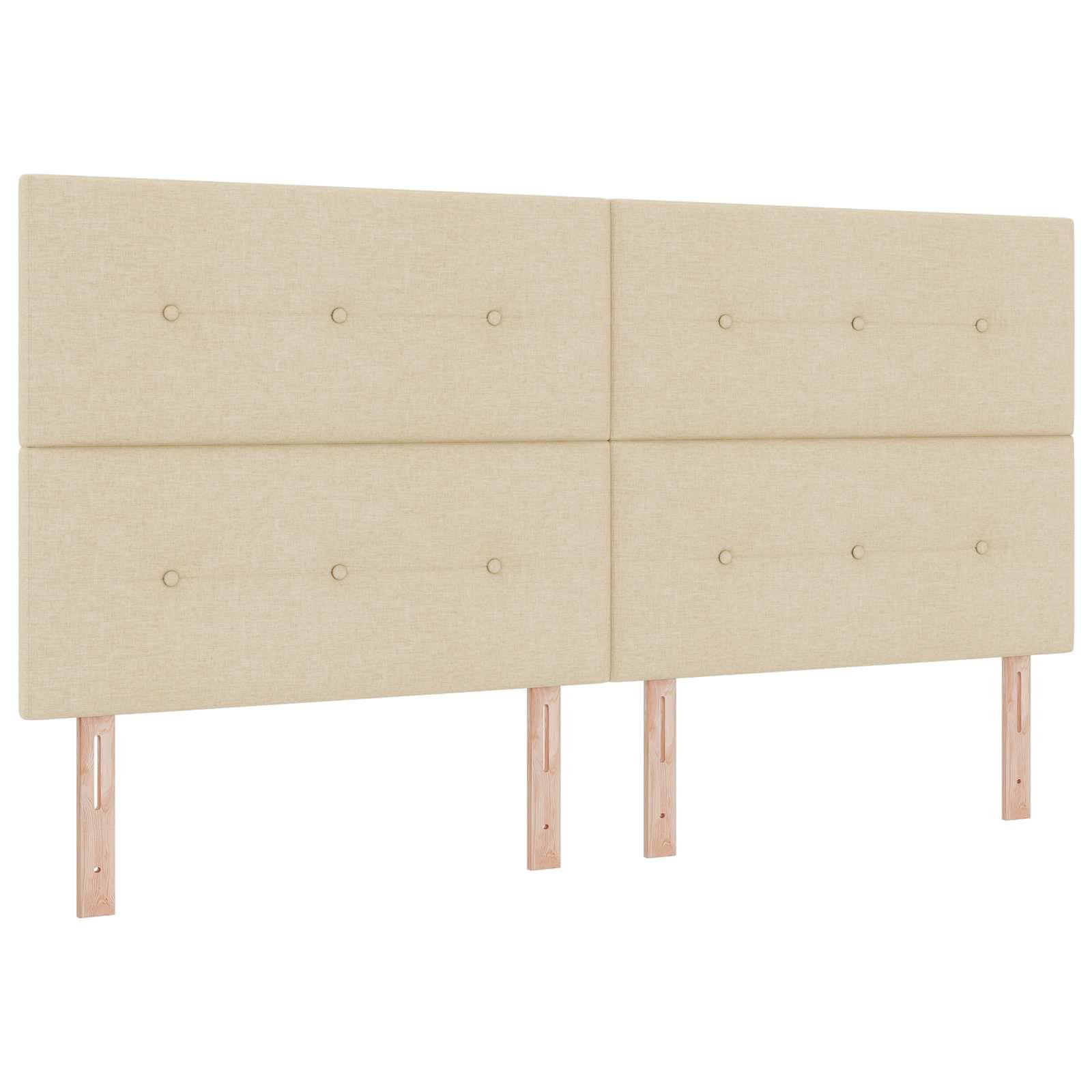 Beige gepolstertes Kopfteil mit vier rechteckigen Paneelen und Holzbeinen, gezeigt auf weißem Hintergrund.
