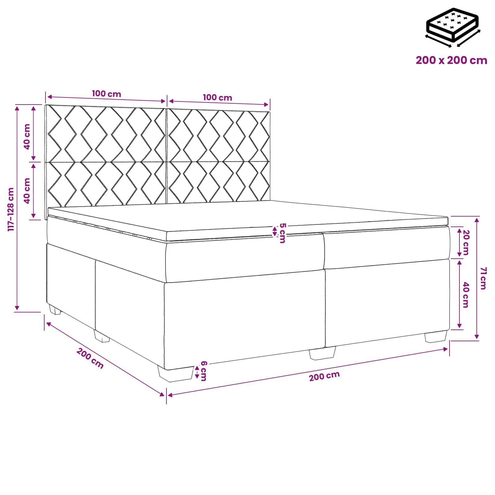Dargestellte Abmessungen eines 200 x 200 cm gepolsterten Betts mit Kopfteil; Gesamthöhe 117-128 cm, Matratzenformat 200 x 200 cm, Seiten- und Grundmaße gekennzeichnet.