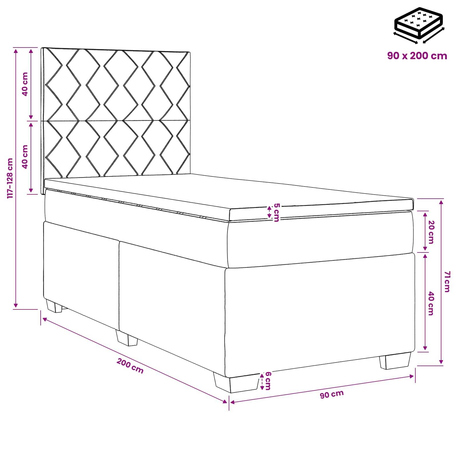 Illustration eines Bettes mit gepolstertem Kopfteil und Matratze, mit den Maßen: 200 cm lang, 90 cm breit, 117-128 cm hoch; Kopfteilpaneele jeweils 40 cm.