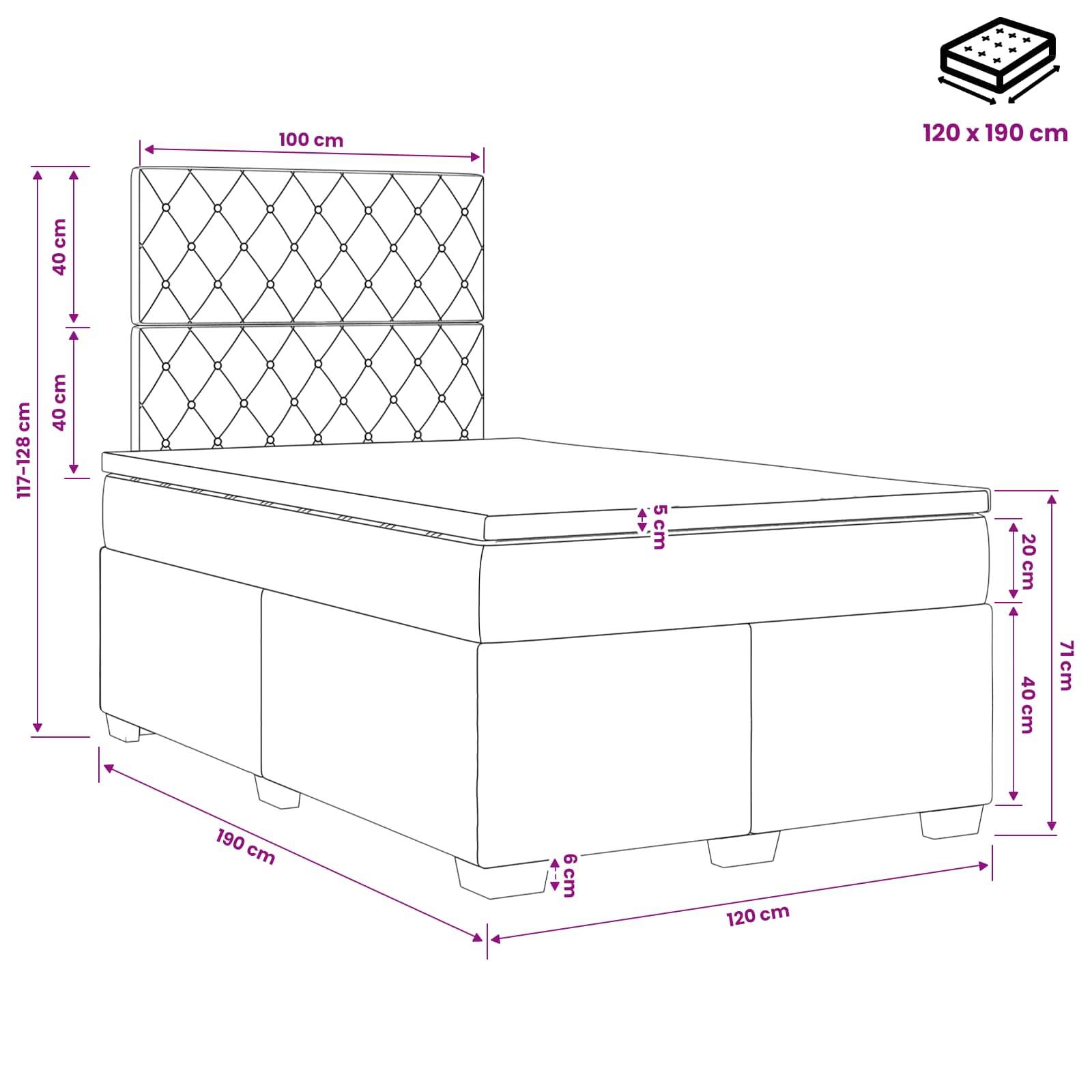 Kommentiertes Bettmaßdiagramm, das ein Einzelbett mit gepolstertem Kopfteil zeigt, mit Beschriftung der Matratzenabmessungen von 120 x 190 cm und Gesamtabmessungen in cm.