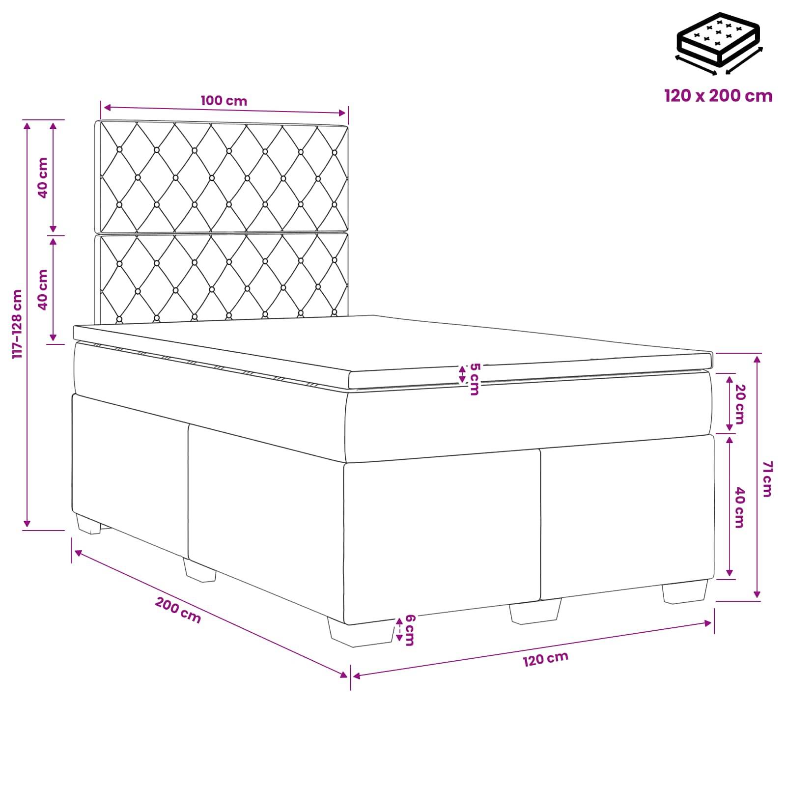 Diagramm eines gepolsterten Bettes mit Abmessungen: 120 x 200 cm Matratze, 200 cm Länge, 120 cm Breite, 128 cm Kopfteillöhe, 71 cm Sockelhöhe, 40 cm Kopfteilsektionen.