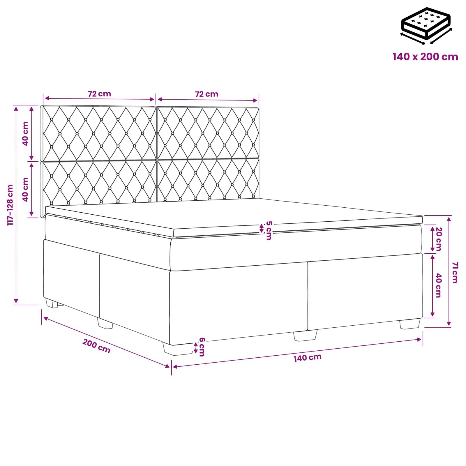 Technische Zeichnung eines gesteppten gepolsterten Bettes mit Stauraumbasis, zeigt Matratzengröße 140 x 200 cm und Schlüsseldimensionen für Kopfteil, Basis und Höhe.