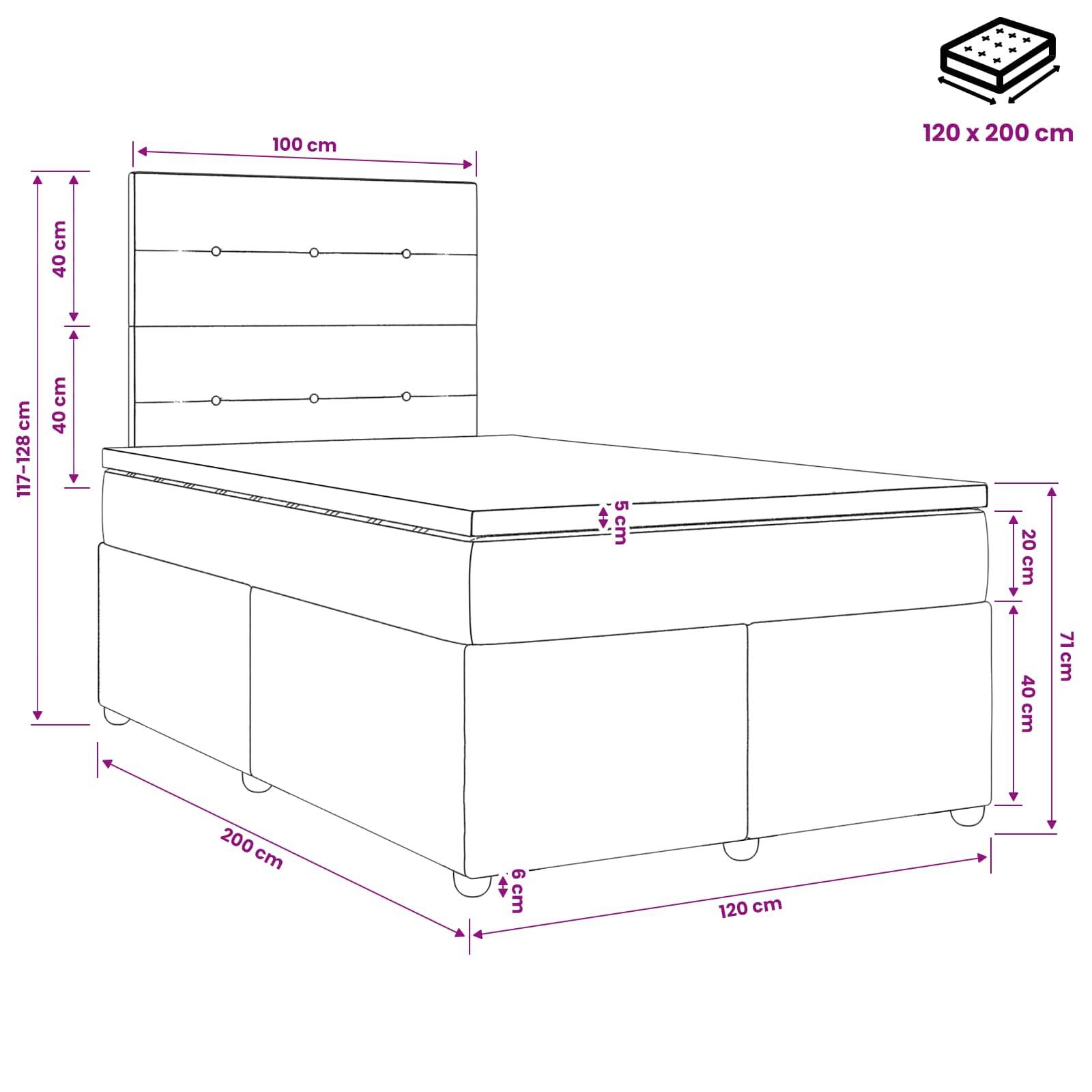 Diagramm eines Bettes mit Abmessungen: 120 x 200 cm Matratze, 100 cm Kopfteilbreite, 117–128 cm Gesamtkopfteilhöhe, 71 cm Bettöhe, 6 cm Beine.
