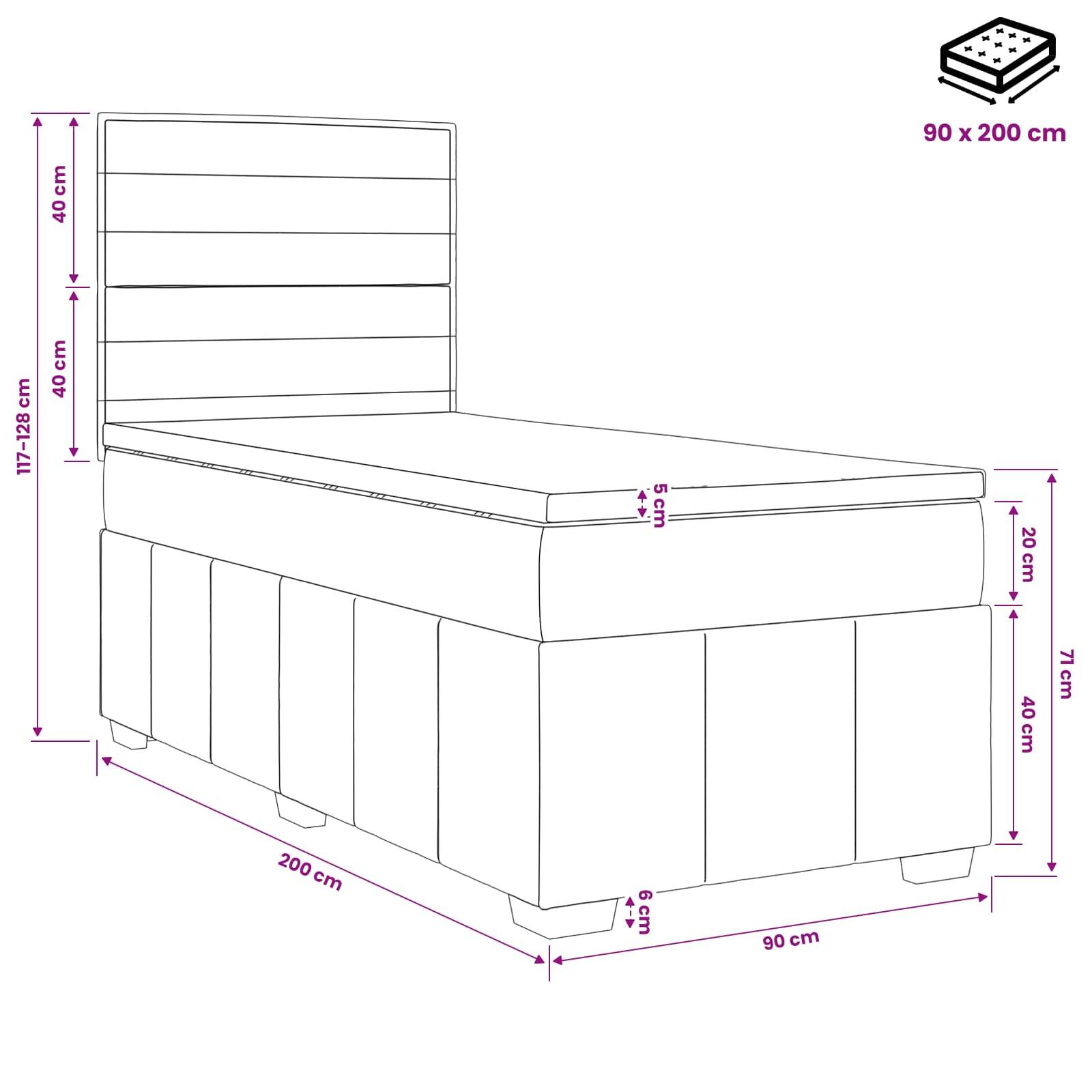 vidaXL LED Boxspringbett mit Matratze Schwarz 90 x 200 cm Stoff