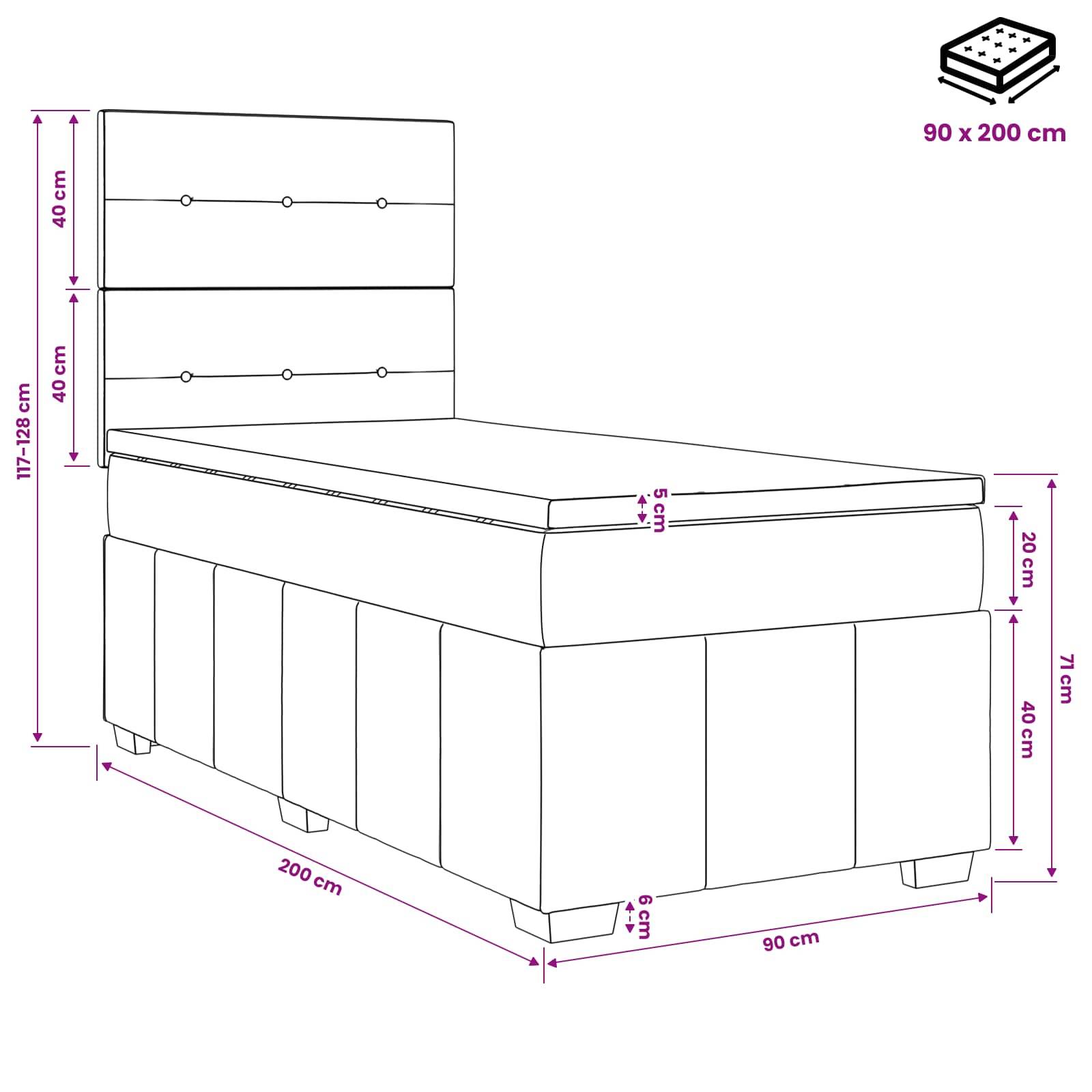 vidaXL LED Boxspringbett mit Matratze Hellgrau 90 x 200 cm Stoff