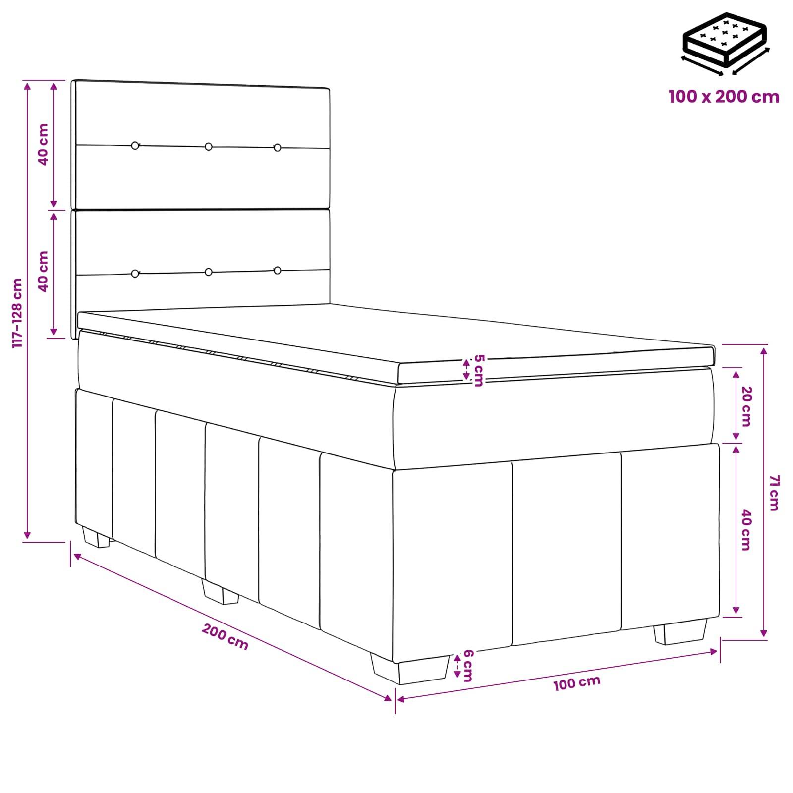 Technische Linienzeichnung eines gepolsterten Einzelbetts mit hohem gestepptem Kopfteil, mit folgenden Maßen: 100 x 200 cm Grundfläche, 117–128 cm Höhe, 40 cm Abschnitte, 20 cm und 71 cm Seitenmessungen.