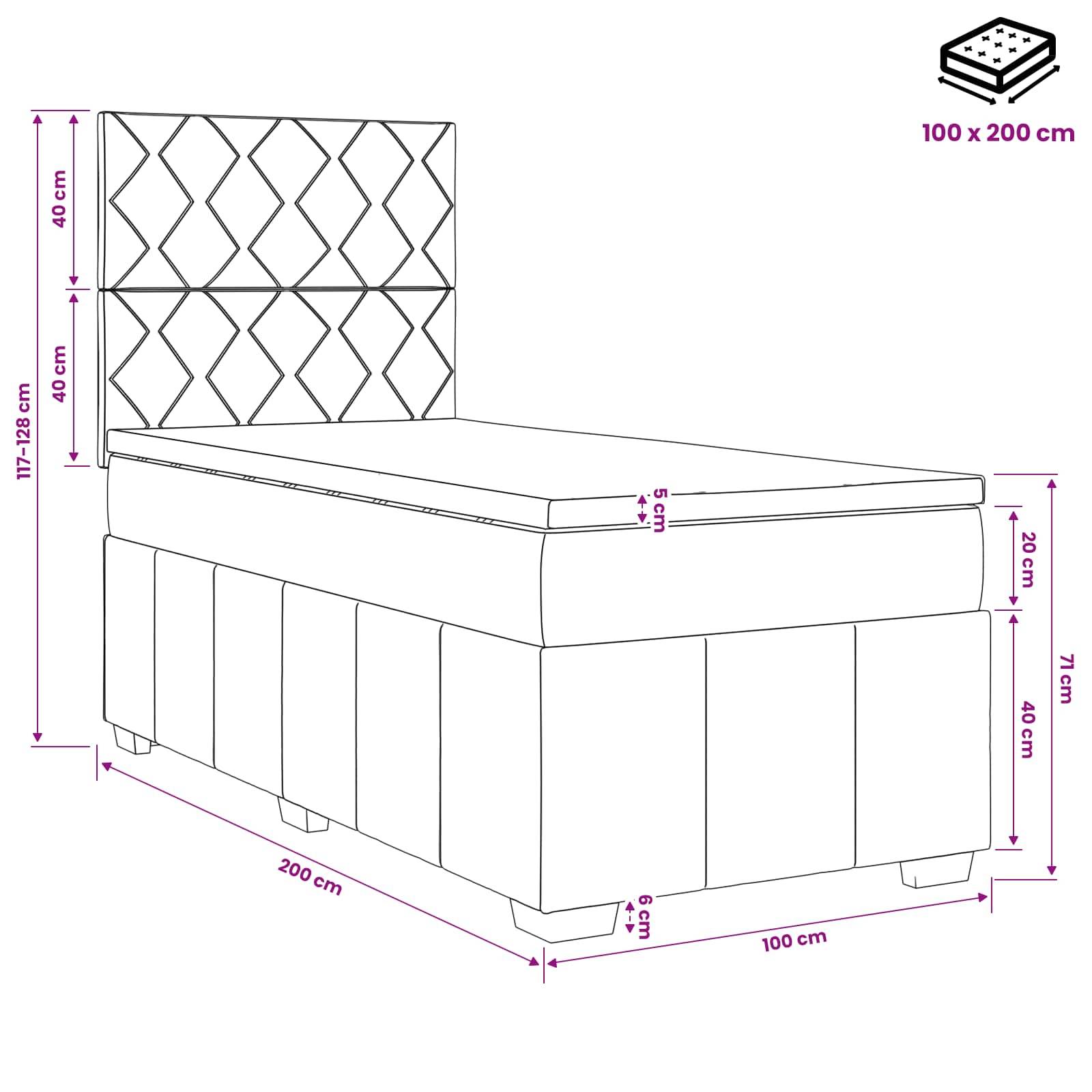Technische Zeichnung eines Einzelbetts mit hohem gepolstertem Kopfteil; Gesamtgröße 100 x 200 cm, Höhe 117-128 cm, mit beschrifteten Abmessungen für Rahmen- und Matratzendicke.
