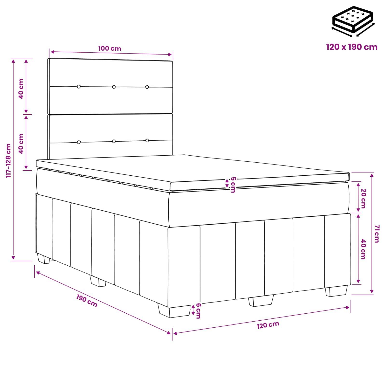 Maßstabgerechte Linienzeichnung eines gepolsterten Einzelbetts mit gestepptem Kopfteil; Matratzenmaße 120 x 190 cm, Bettrahmenmaße in cm beschriftet.