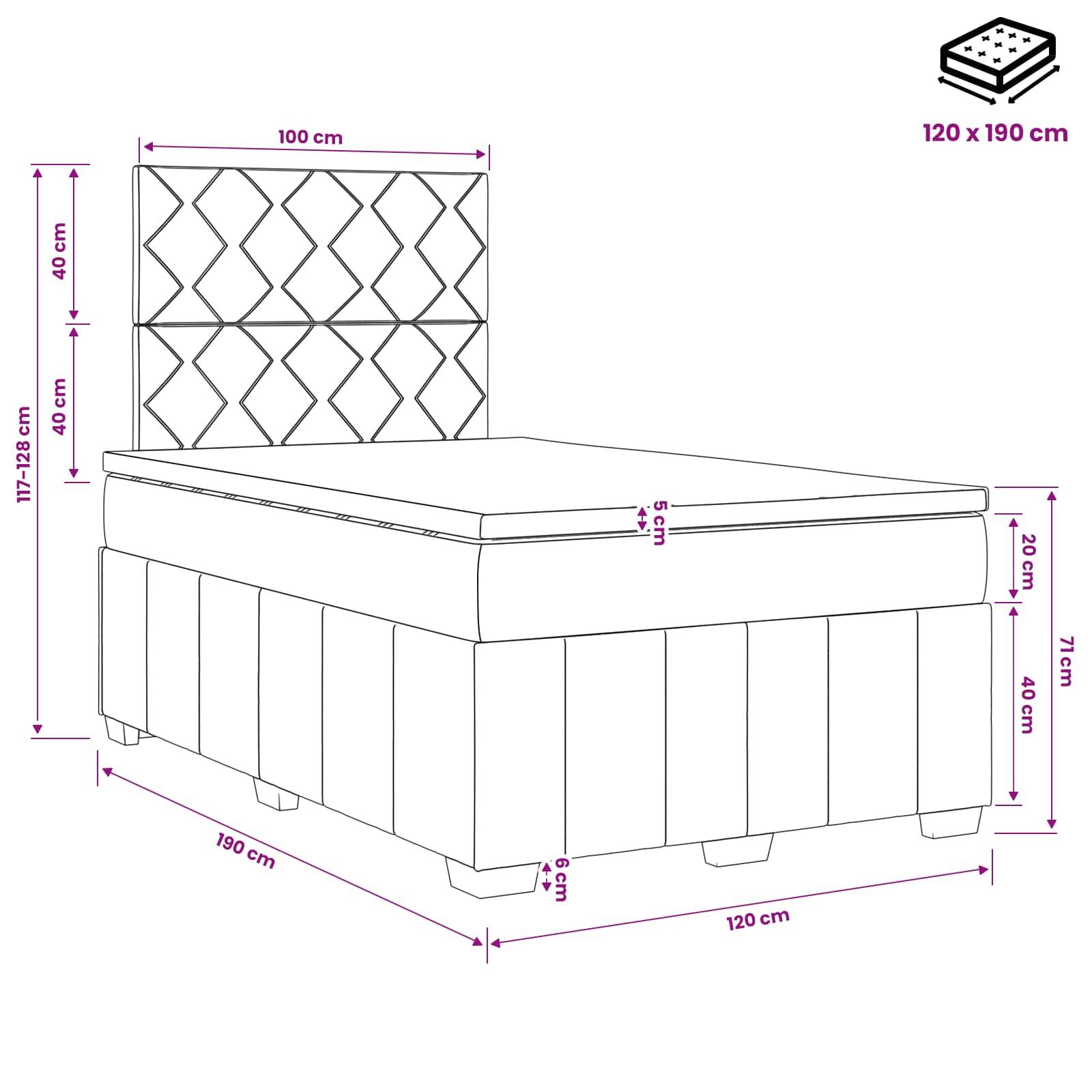 Beschriftetes Diagramm eines Einzelbetts mit hohem Kopfteil, das die Abmessungen zeigt: 120 x 190 cm Matratze, 190 cm Länge, 120 cm Breite und 128 cm Gesamthöhe.