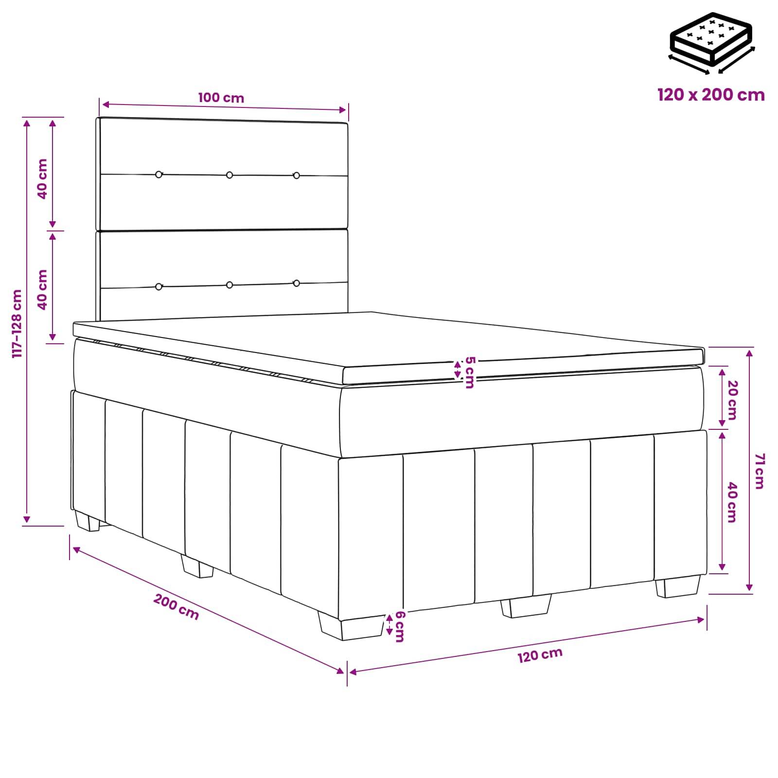 Bemaßtes Diagramm eines Einzelbetts mit gepolstertem Kopfteil und Bettgestell, das die Matratzenabmessungen 120 x 200 cm sowie die Gesamtabmessungen in cm zeigt.