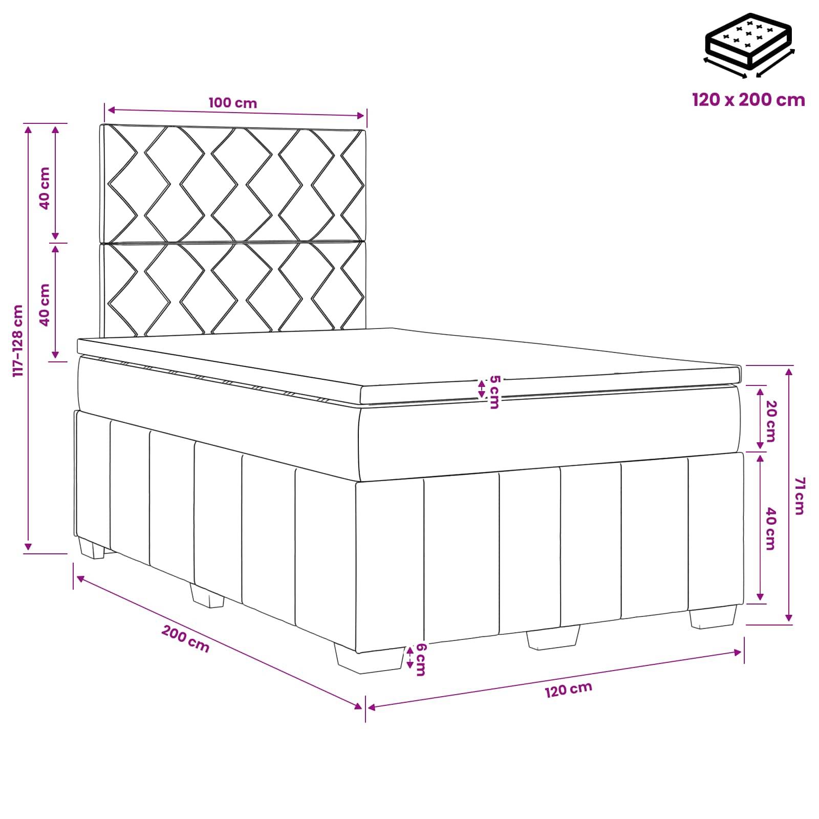 Diagramm eines Einzelbetts mit Abmessungen: 120 x 200 cm Matratze, 100 cm breites Kopfende, 71 cm Seitenhöhe und 128 cm Gesamthöhe des Kopfendes.