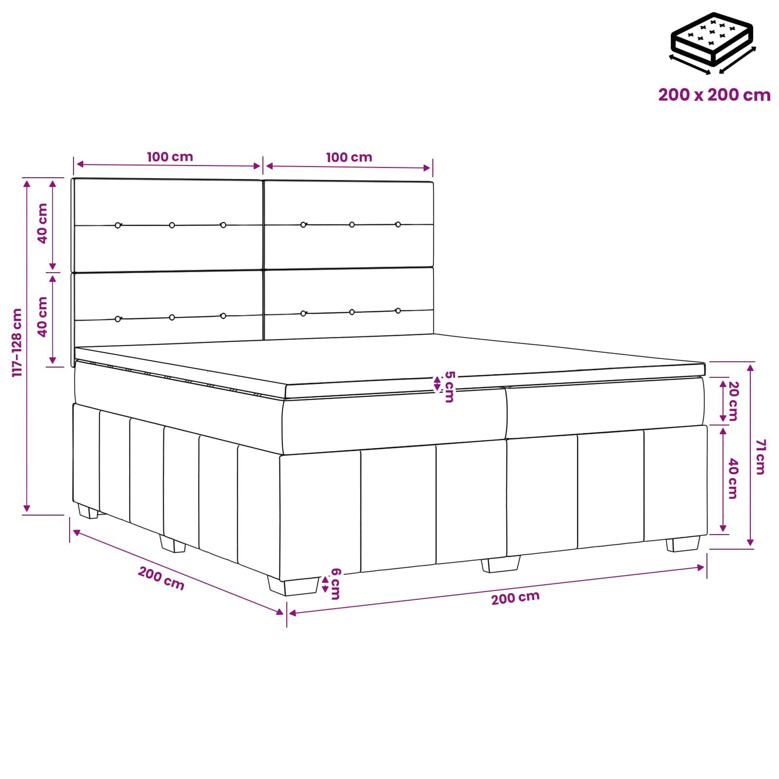 Maßstabgerechte Linienzeichnung eines 200 x 200 cm großen gepolsterten Bettes mit Kopfteil, Matratzenplattform und beschrifteten Höhen- und Breitenabmessungen.
