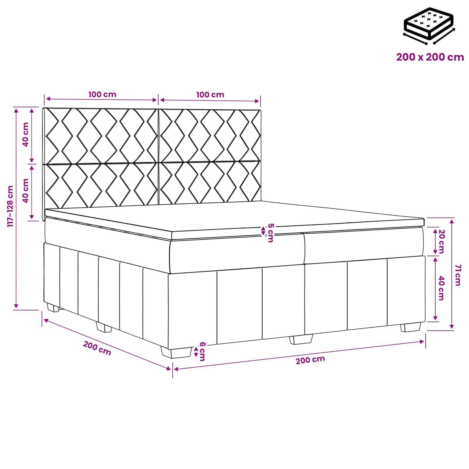 Maßstabgetreue Zeichnung eines Bettgestells mit gepolstertem, rautengemustertem Kopfteil, mit Matratzenformat 200 x 200 cm und wichtigen Abmessungen in cm.