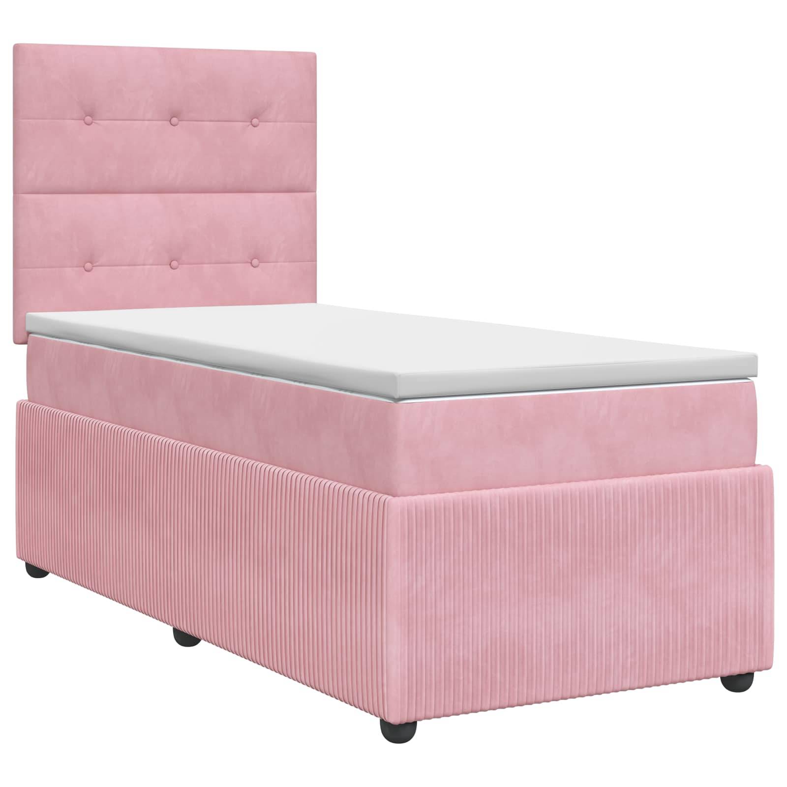 Rosa gepolstertes Einzelbett mit gestepptem Kopfteil und weißer Matratze auf einem Bettgestell mit Stauraum.