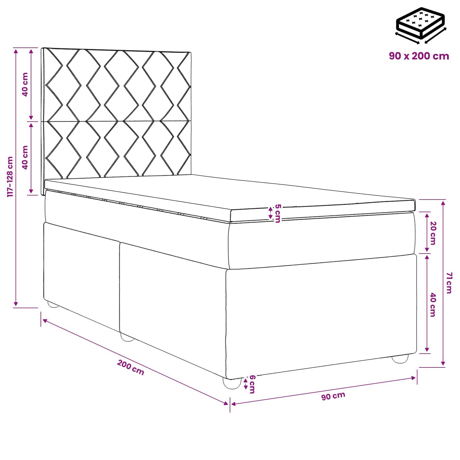 Bemaßte Zeichnung eines Einzelbettes: 200 x 90 cm Matratzenunterlage mit 117-128 cm Kopfteilhöhe, 40 cm Seitenpaneele und 20 cm + 40 cm Basismessungen.