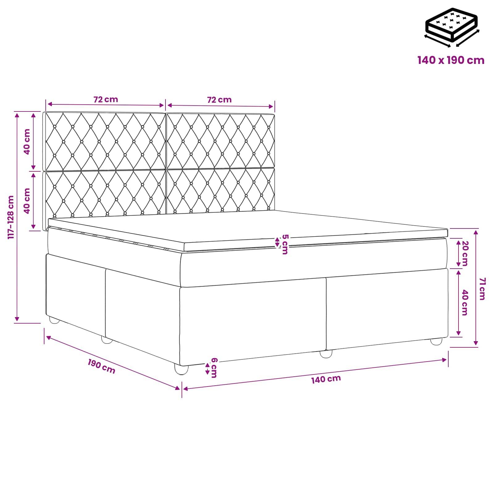 Bemaßtes Diagramm eines gepolsterten Betts mit gestepptem Kopfteil, das die Größe 140 x 190 cm zeigt und mit beschrifteten Maßen für die Gesamthöhe, das Kopfteil, die Basis und die Matratzendicke versehen ist.