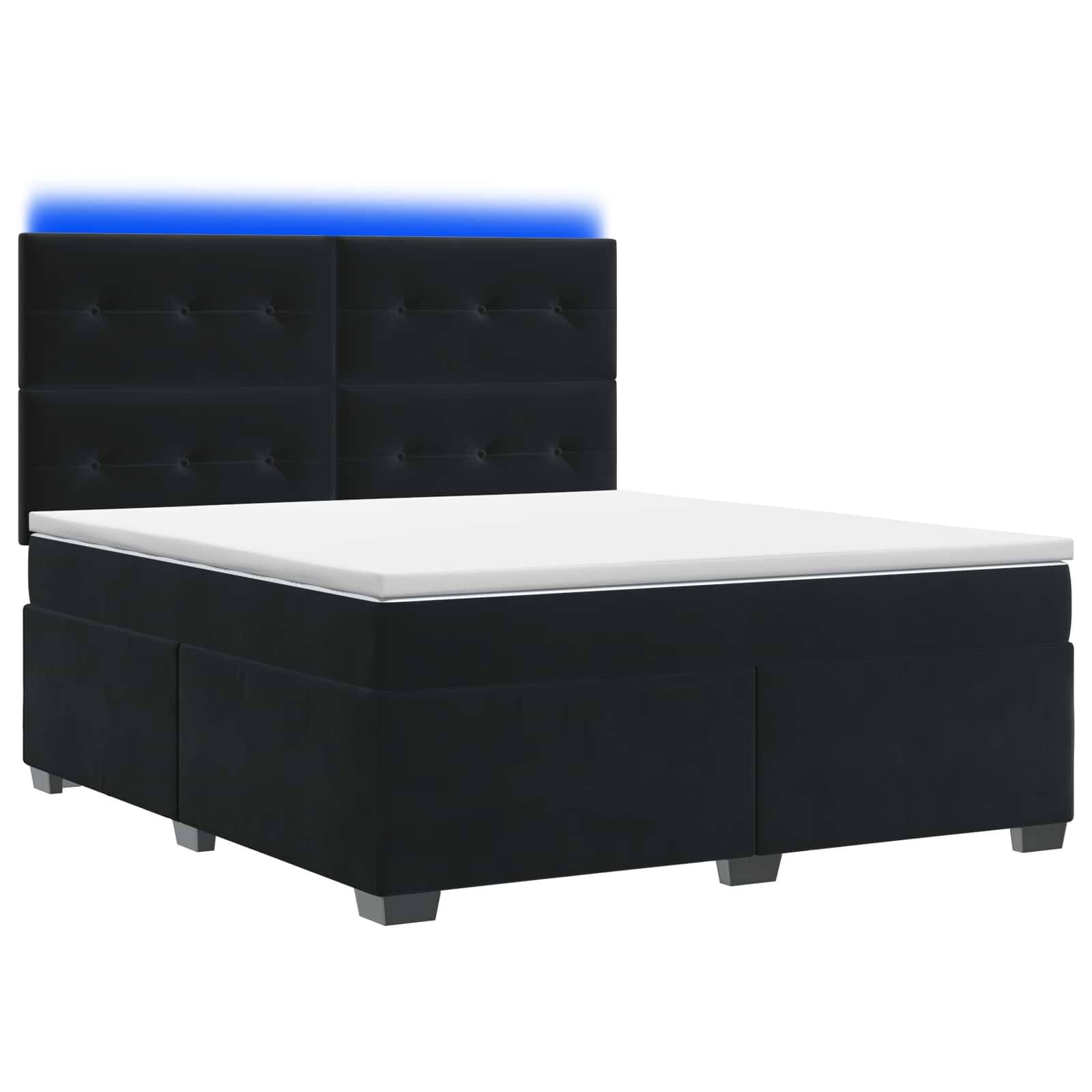 Schwarzes gepolstertes Bett mit weißer Matratze und gestepptem Kopfteil, gezeigt auf einem schlichten weißen Hintergrund.