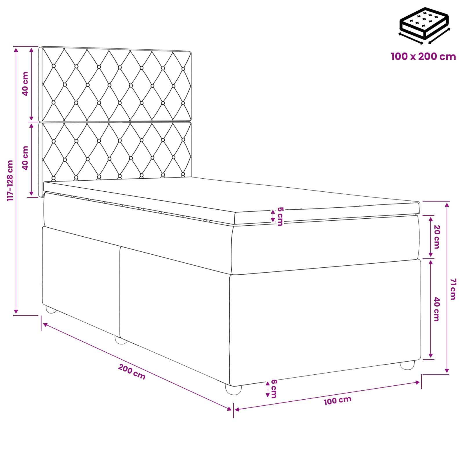 Bemessetes Diagramm eines getufteten Bettes mit Speicherbasisbrett und Matratzensymbol, das die Größe 100 x 200 cm sowie Gesamtabmessungen zeigt, einschließlich Kopfteilverhältnisse und Basishöhen.