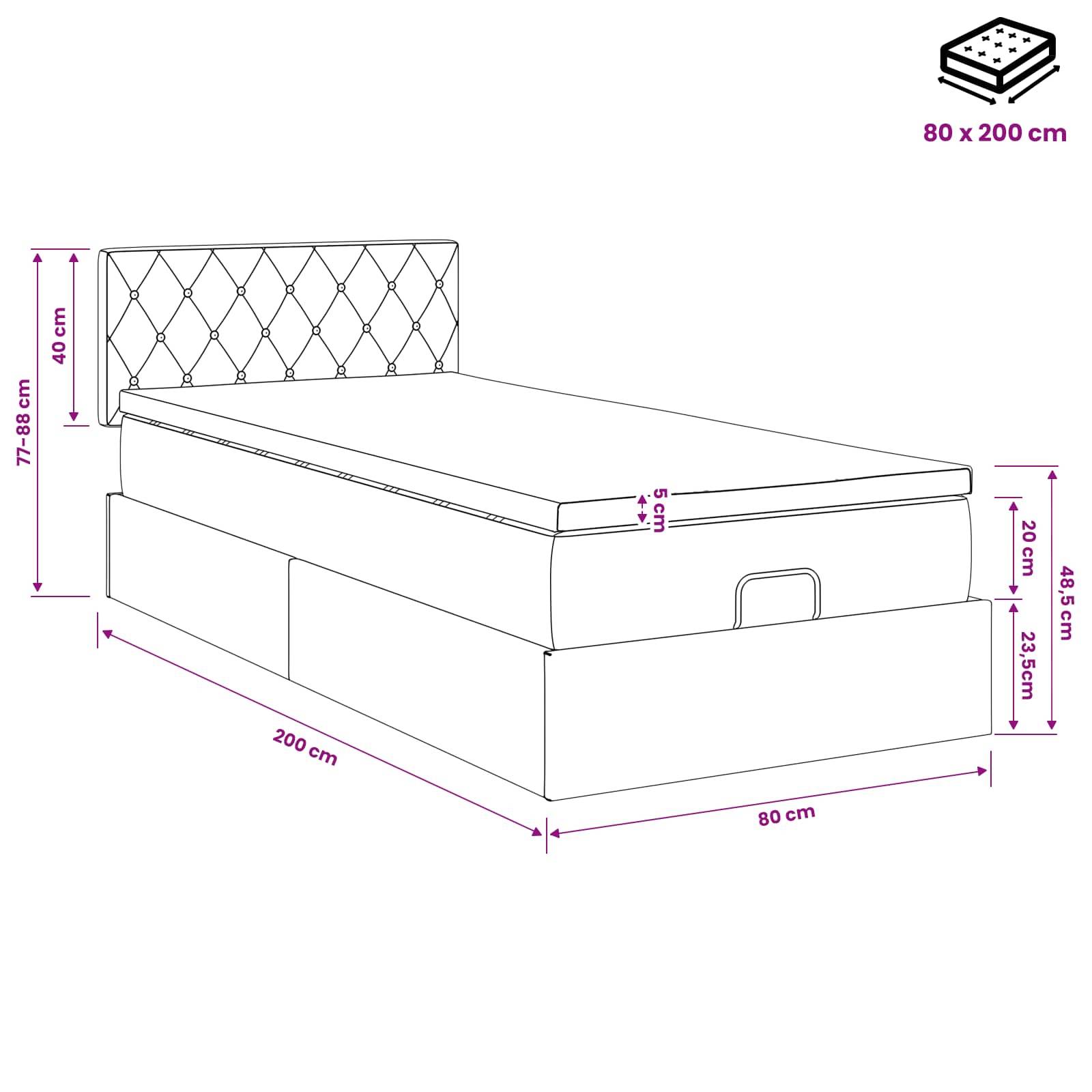 vidaXL Ottoman-Bett mit Matratze und LED Schwarz 80 x 200 cm Samt