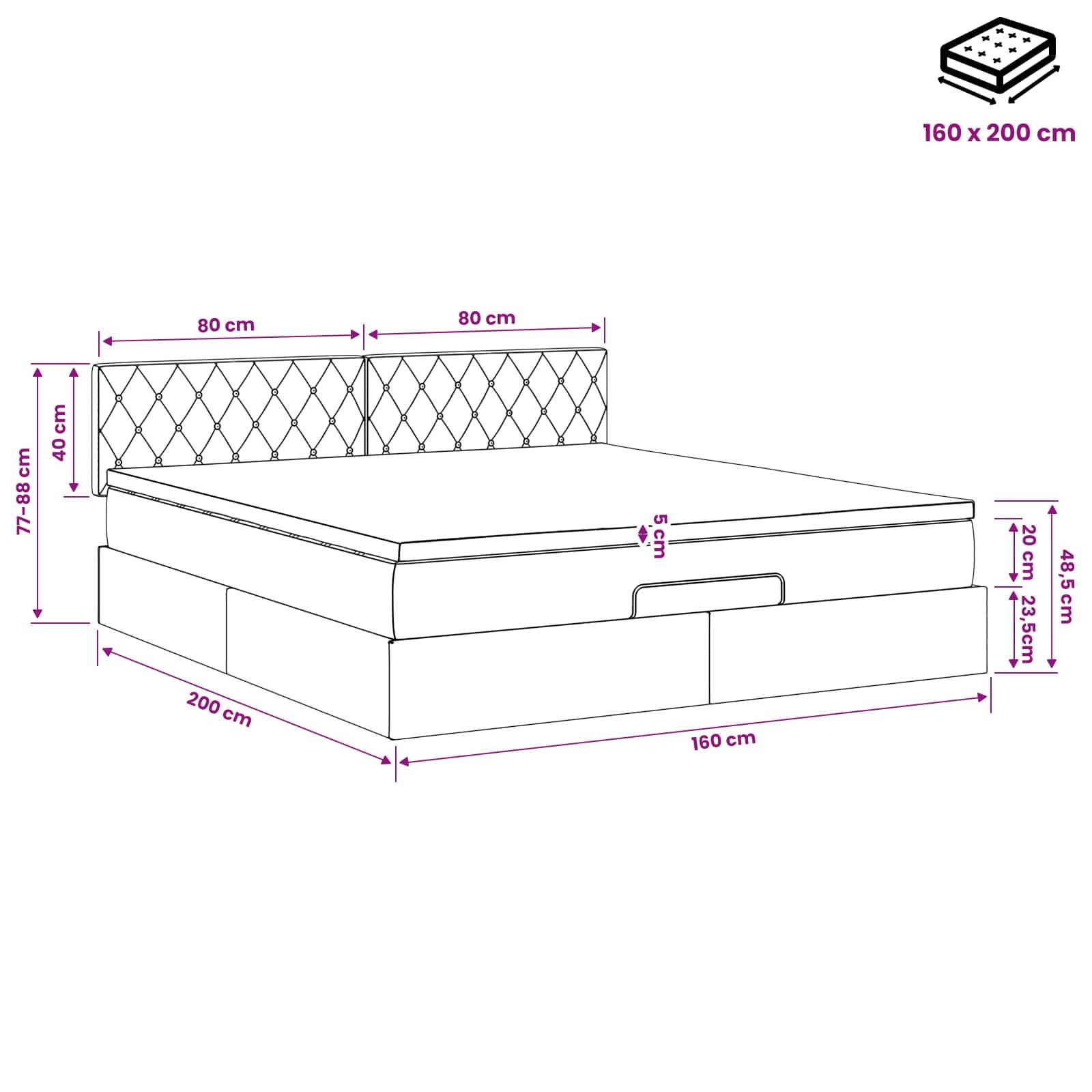Linienzeichnung eines Speicherbettes mit Abmessungen: Matratzenformat 160 x 200 cm, 200 cm Länge, 160 cm Breite, 77–88 cm Höhe und 40 cm Kopfteil.
