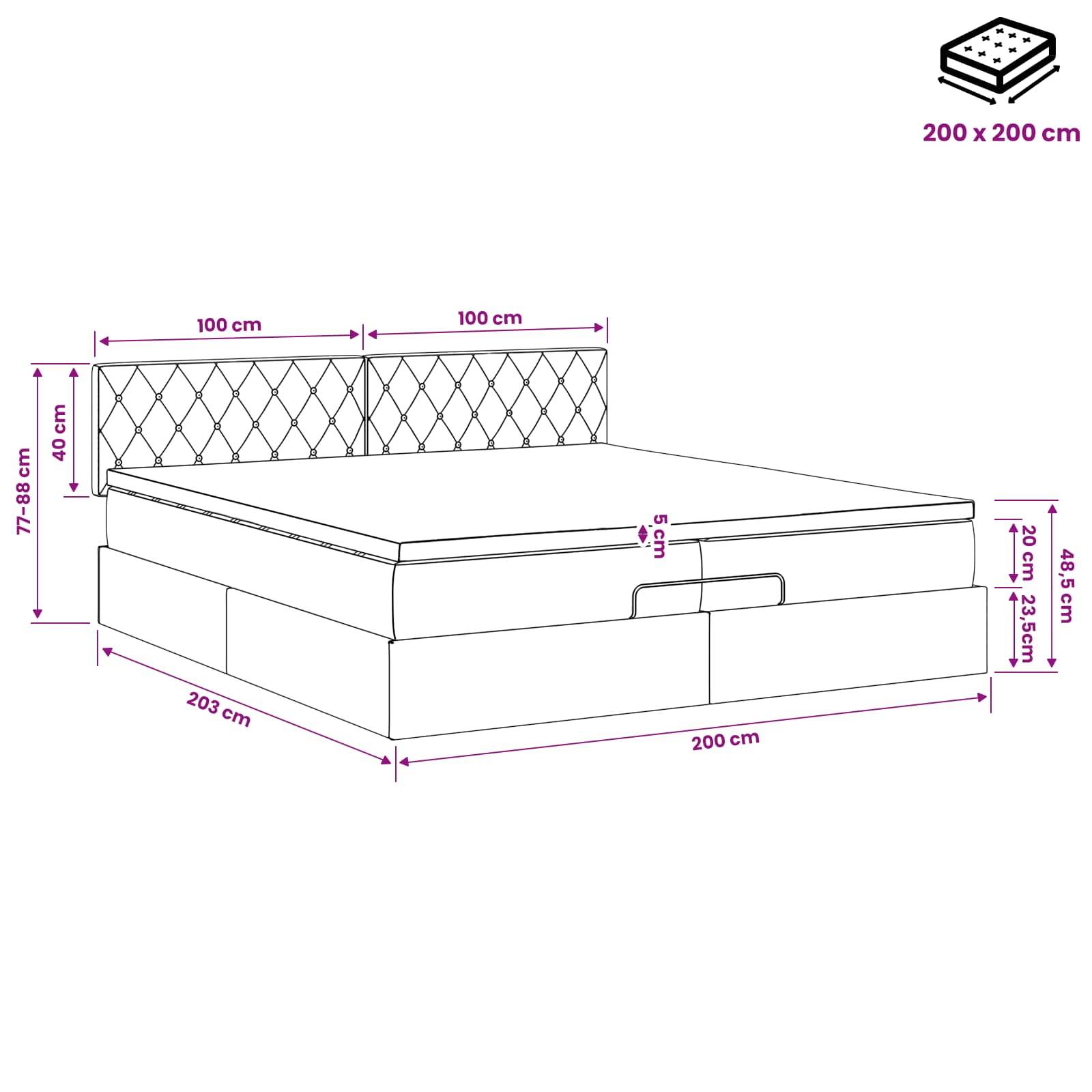 Beschriftetes Diagramm eines 200 x 200 cm großen gepolsterten Bettes mit gestepptem Kopfteil, Speicherbasis und in Zentimetern gekennzeichneten Abmessungen.