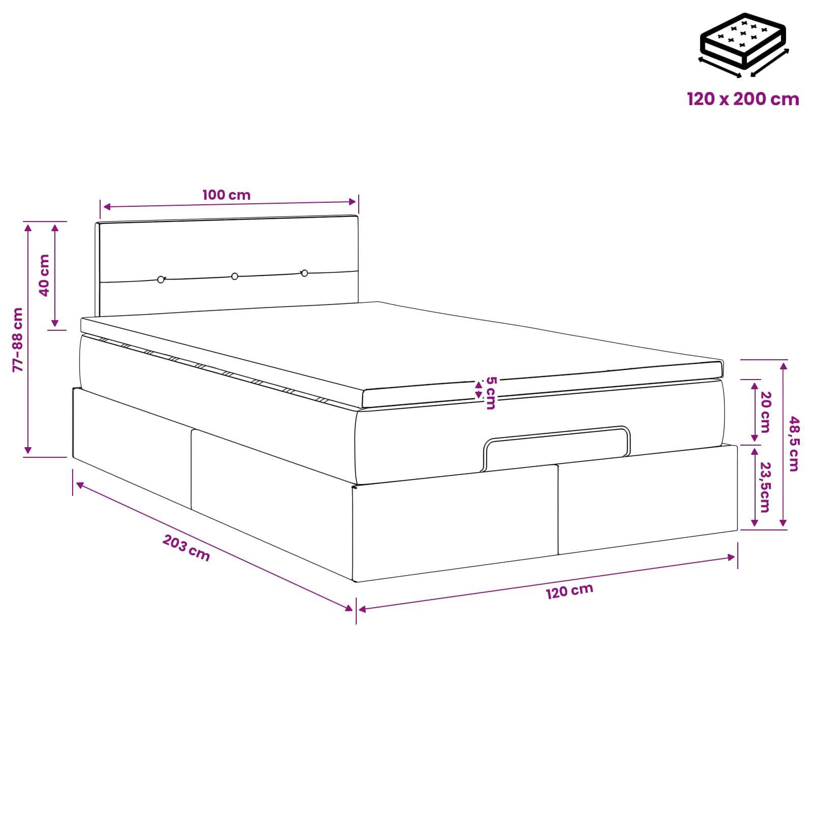 Maßstabzeichnung eines Einzelbetts mit Matratzenabmessungen von 120 x 200 cm und Gesamtbettabmessungen, einschließlich Kopfteil, Länge, Breite und Höhenbeschriftungen.
