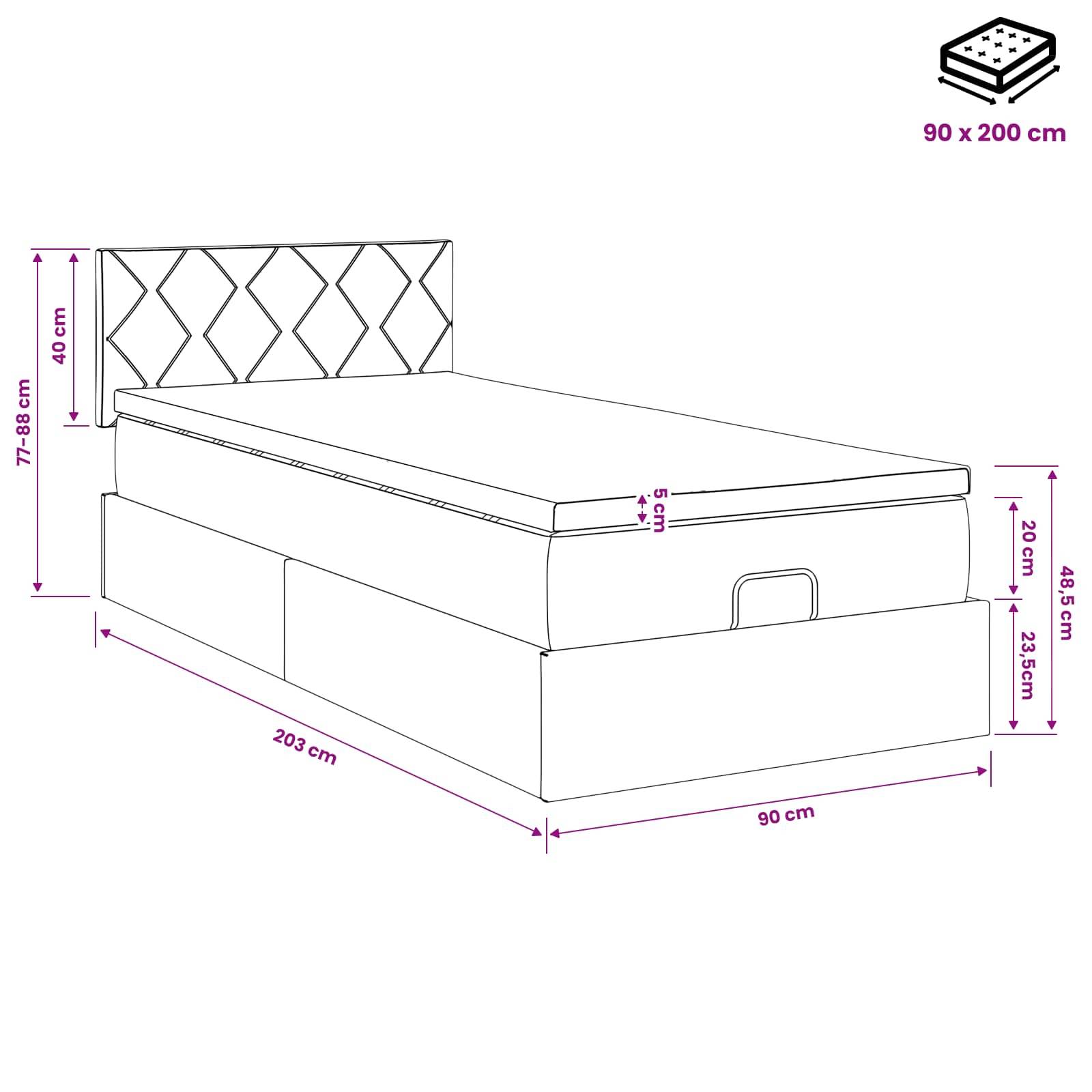 Diagramm eines Einzelbettes mit Speicherbasis und gemustertem Kopfteil; abgebildete Abmessungen: 90 x 200 cm Matratze, 203 cm lang, 90 cm breit, 77-88 cm hoch.