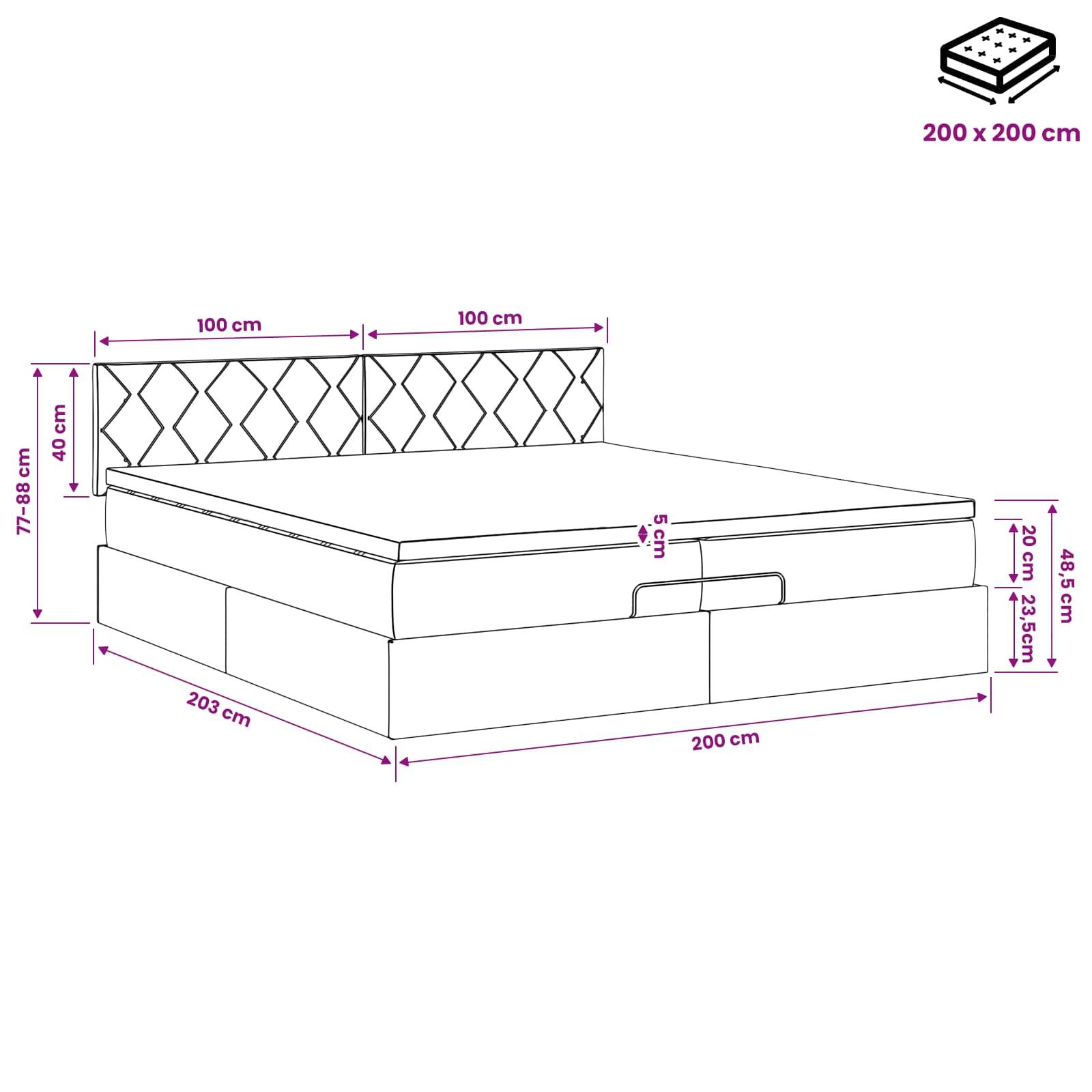 Maßstabgerechte Zeichnung eines gepolsterten Speicherbetts mit Kopfteil, Matratze und ausziehbarer Schublade. Bettgestell ist 200 x 200 cm groß; Kopfteilhöhe 40 cm; Gesamthöhe 77–88 cm.