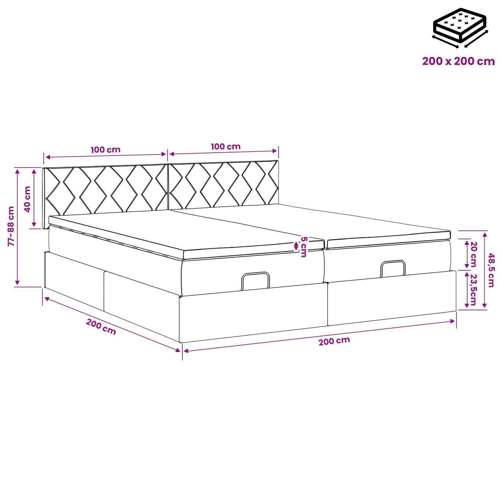 Abgebildete Abmessungen eines 200 x 200 cm großen gepolsterten Bettes mit geteiltem, gestepptem Kopfteil, Schubladen mit Stauraum und Maßen der Matratzenhöhe.