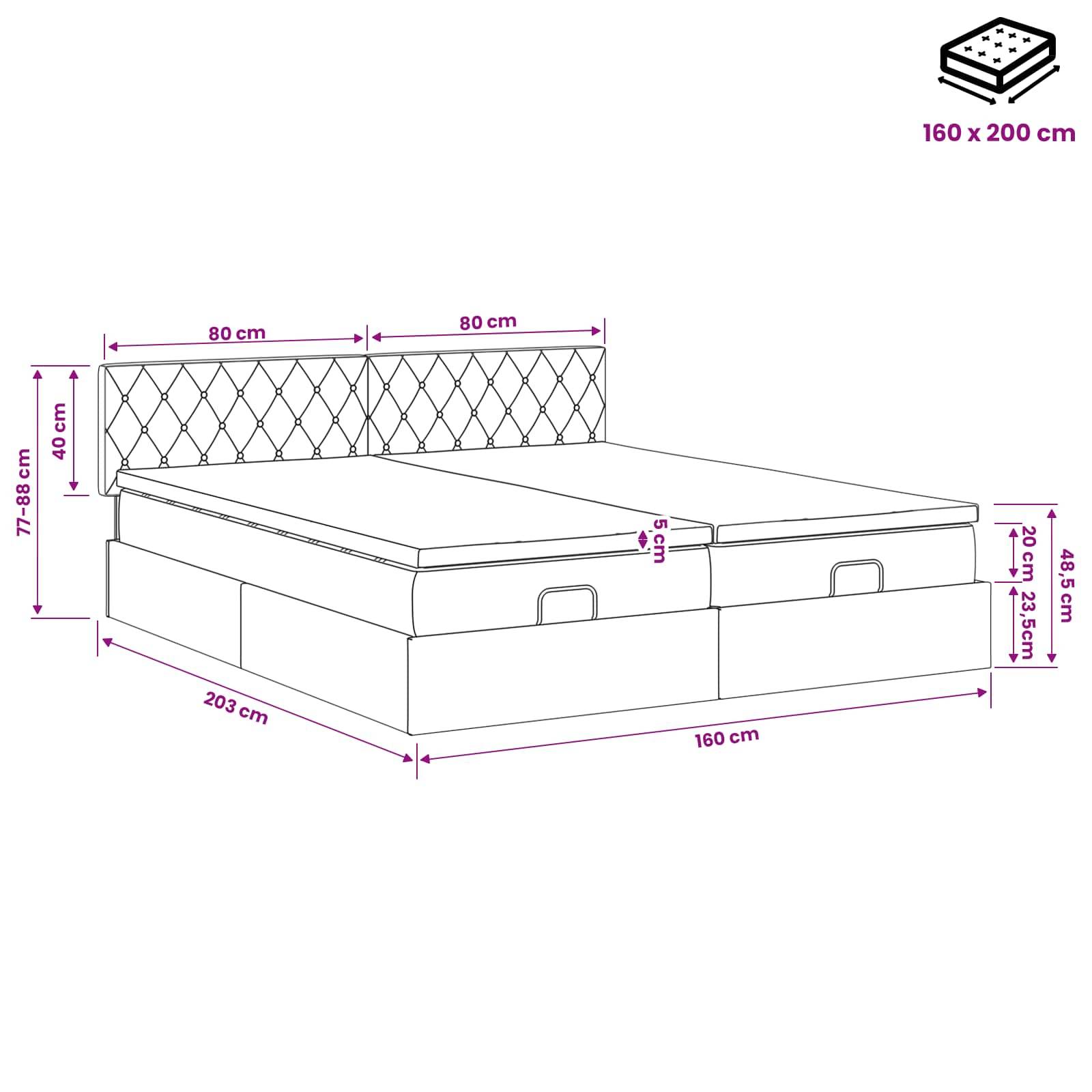 Maßstabgetreue Zeichnung eines King-Size-Betts mit Stauraum und gepolstertem Kopfteil, zeigt Gesamtgröße 160 x 200 cm und wichtige Abmessungen in Zentimetern.
