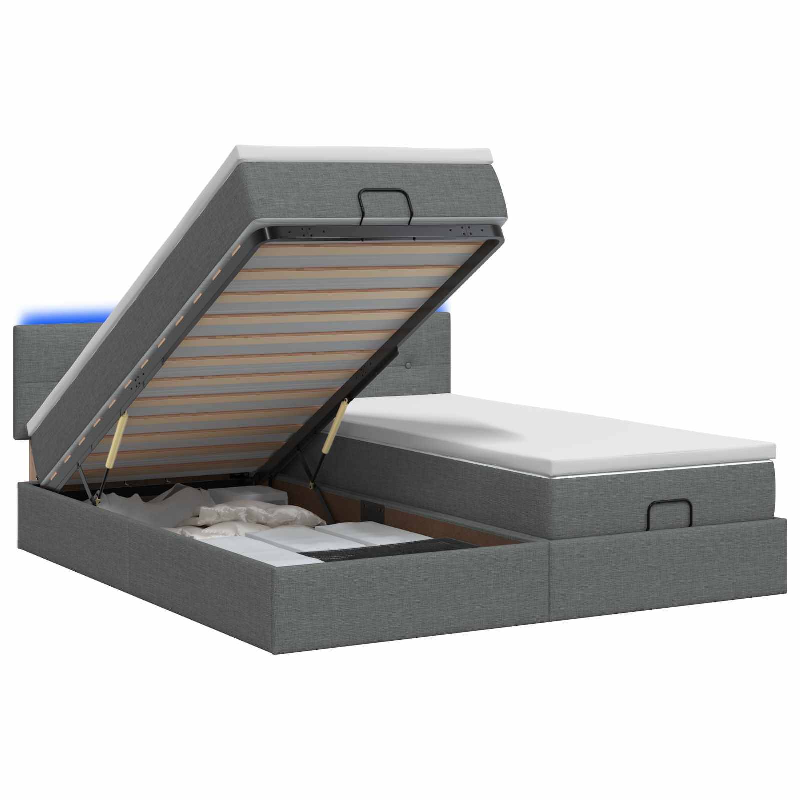 Grau gepolstertes Ottomane-Bett mit hochgehobenem Bettkasten, der den Stauraum unter dem Bett zeigt.
