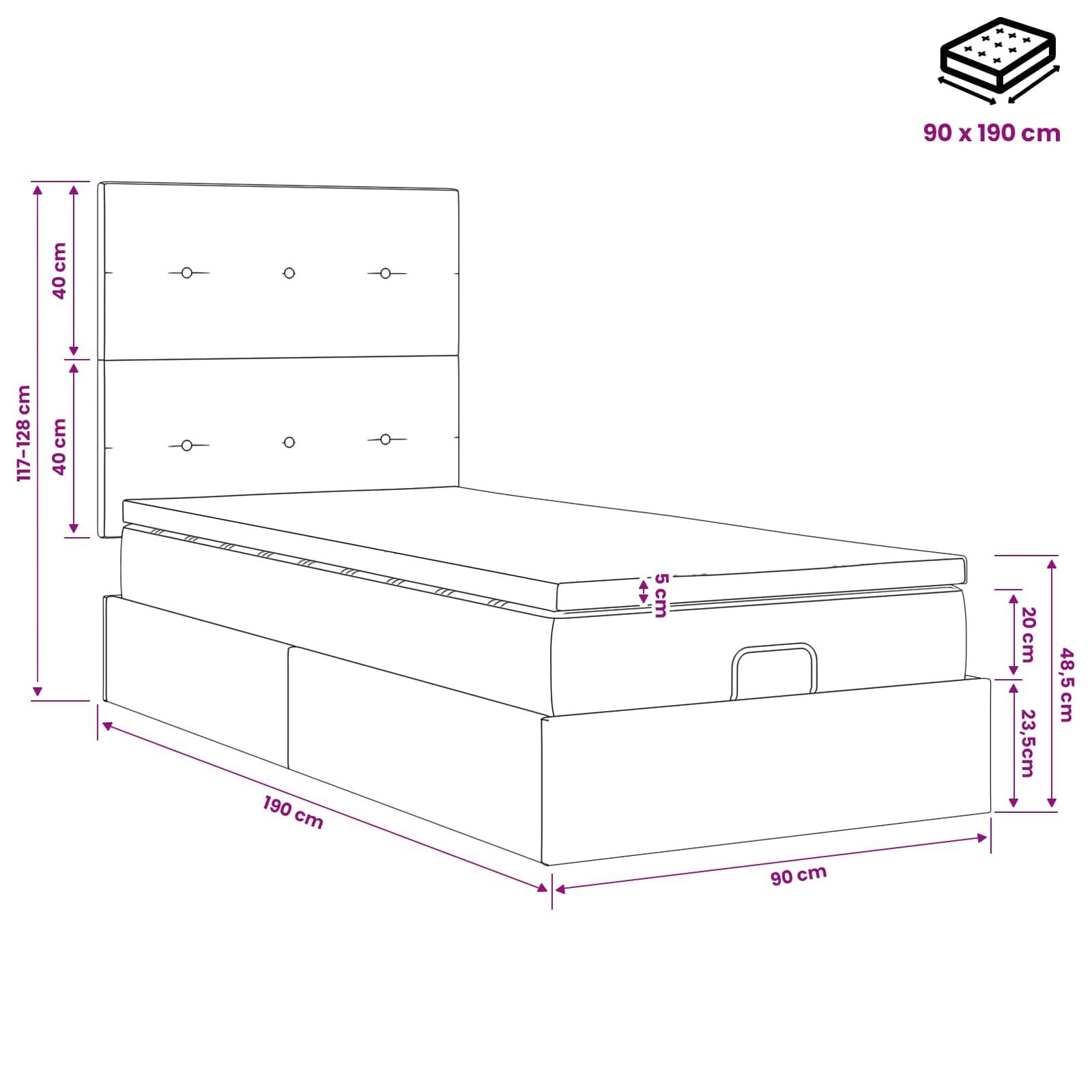 vidaXL Ottoman-Bett mit Matratze und LED Hellgrau 90 x 190 cm Stoff