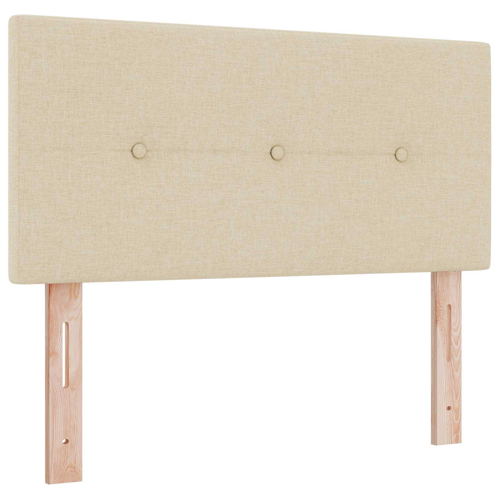 Beige gepolstertes Kopfteil mit drei Knopfsteppungen und zwei hellen Holzbeinen auf weißem Hintergrund.