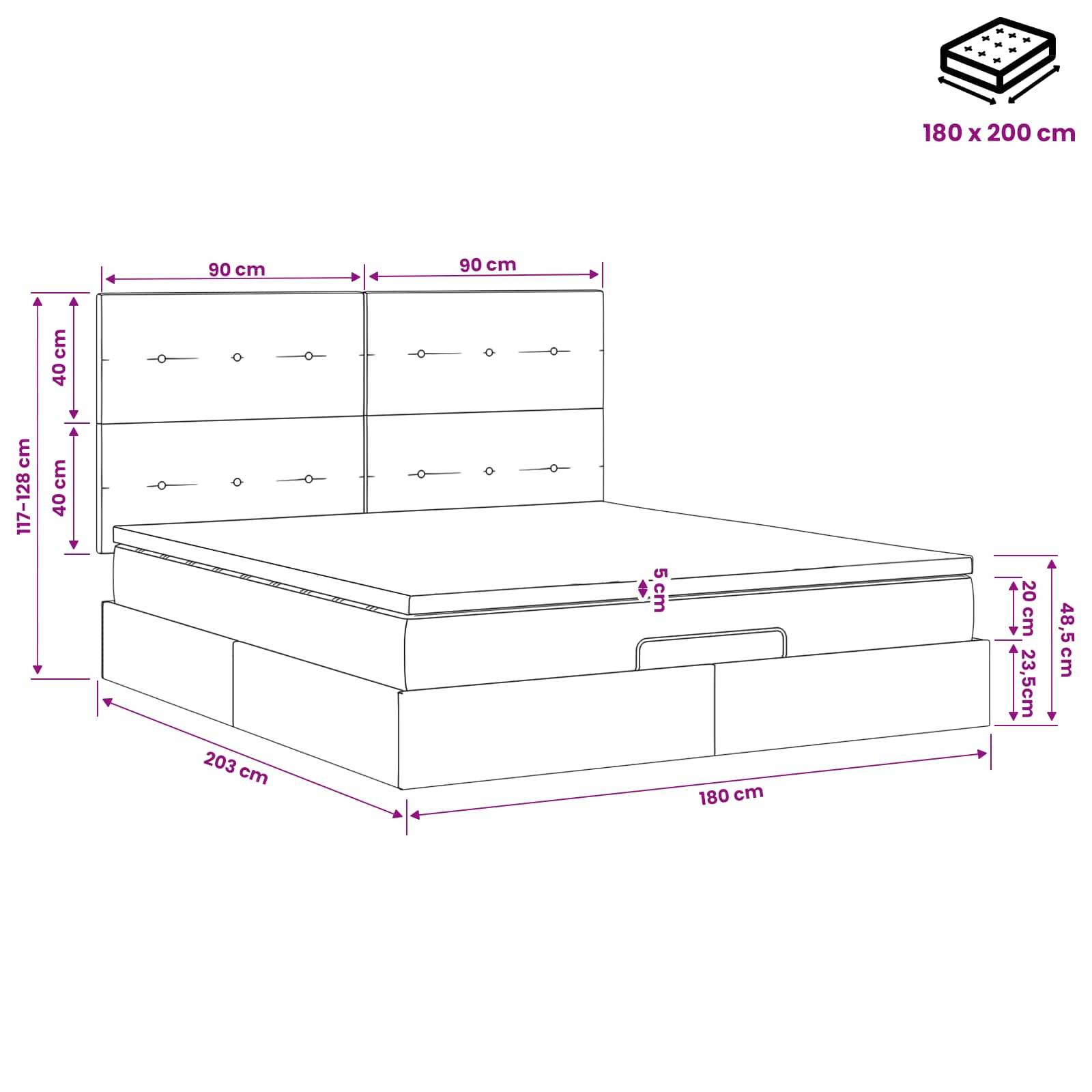 Bemaßte Zeichnung eines Bettes mit gepolstertem Kopfteil, Speicherbasis und Matratzengrößen 180 x 200 cm mit Gesamtmaßangaben in Zentimetern.