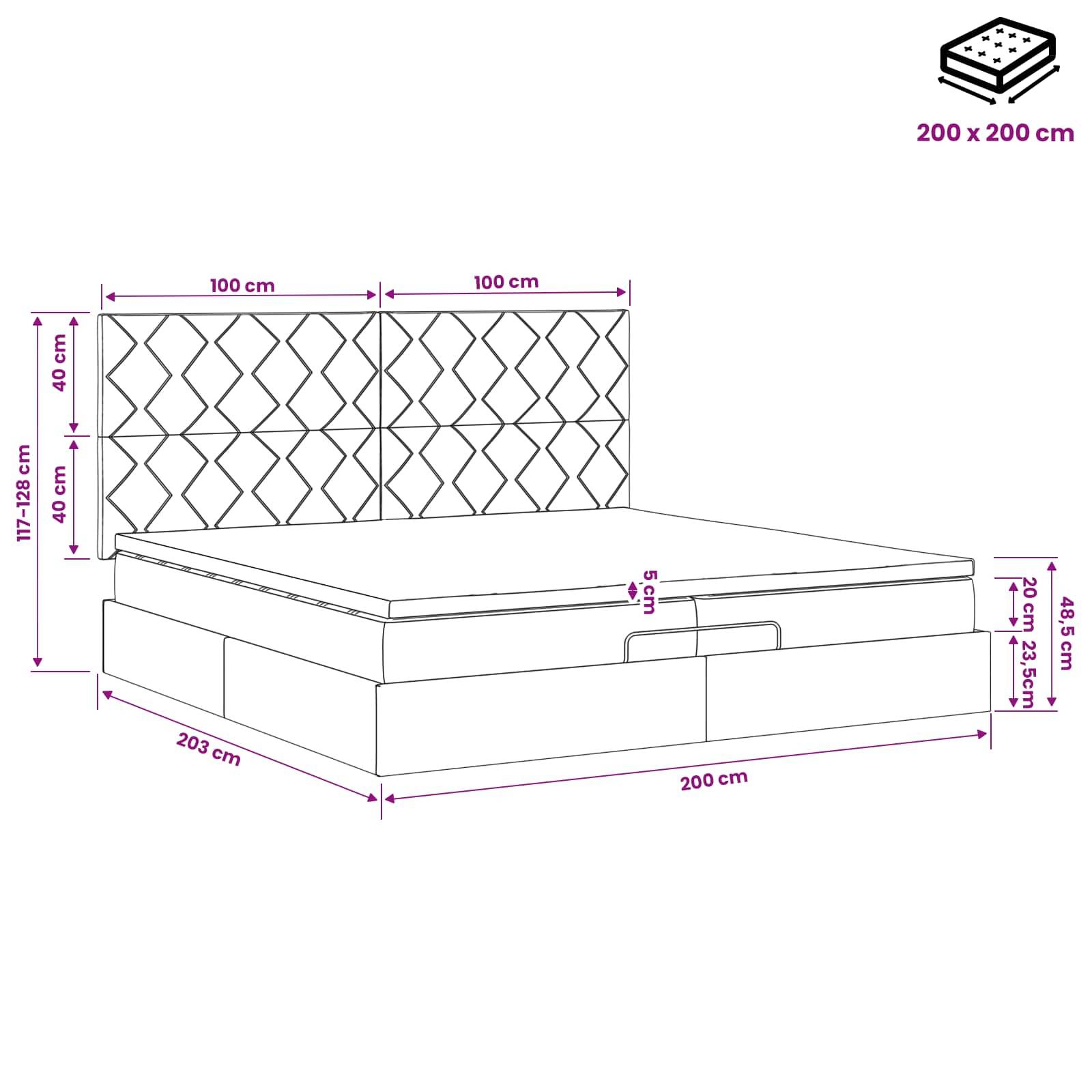 Maßstabszeichnung eines Doppelbetts mit Kopfteil, das einen Matratzenbereich von 200 x 200 cm, eine Länge von 203 cm, eine Breite von 200 cm und eine Kopfteilhöhe von 117-128 cm zeigt.