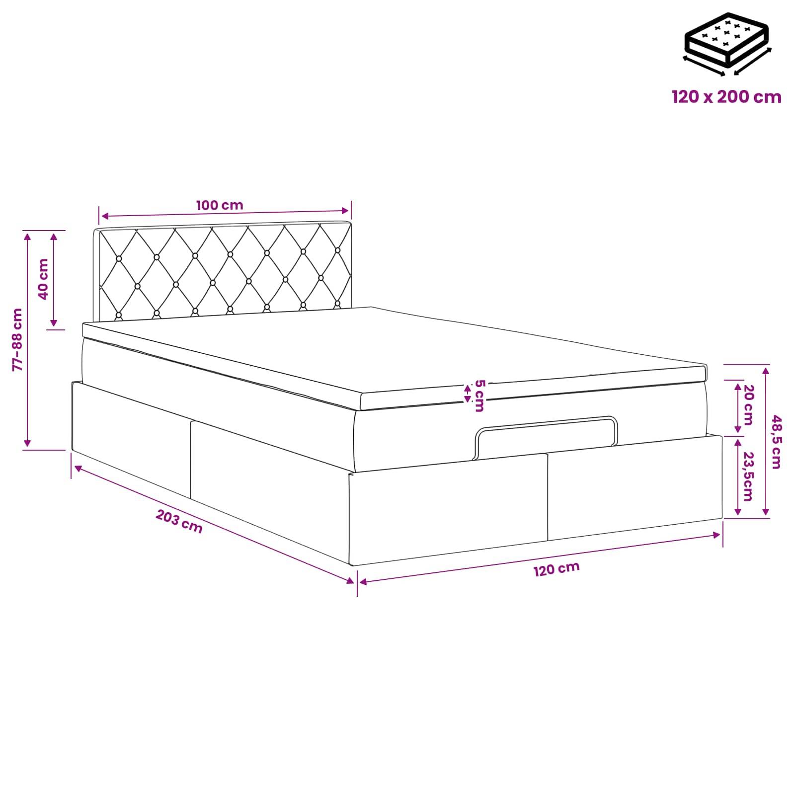 Dimensioniertes Diagramm eines Betts mit Größenangaben: 120 x 200 cm Matratze, 100 cm Kopfteilebreite, 40 cm Kopfteilehöhe, 203 cm Länge und 48,5 cm Gesamthöhe.