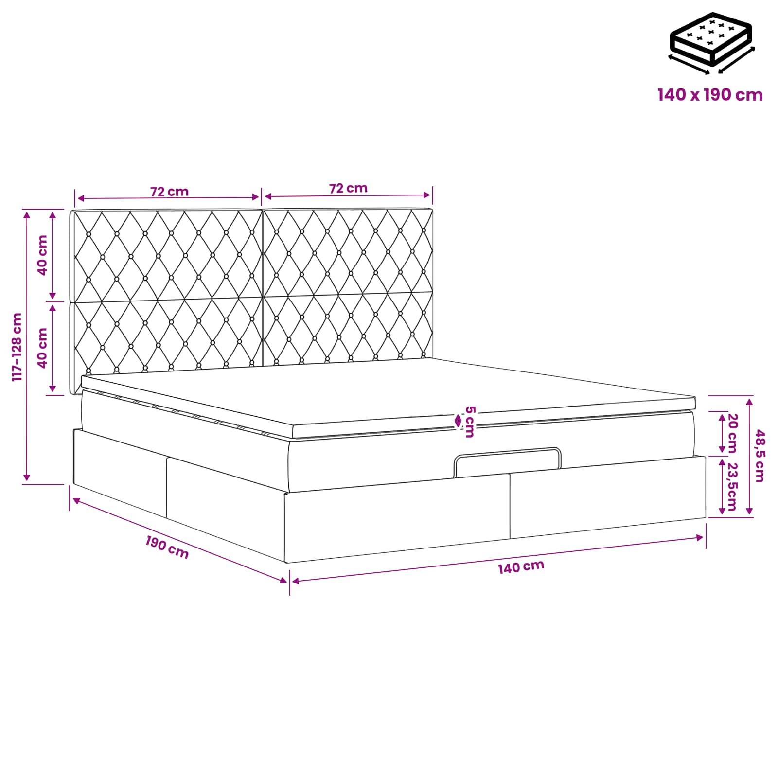 Abgebildetes Bett mit gestepptem Kopfteil und Speicherbasis, ausgelegt für eine Matratze von 140 x 190 cm; Abmessungen sind in Zentimetern angegeben.