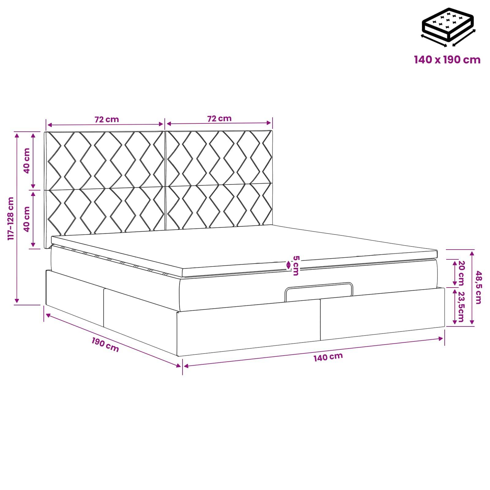 # Maßstabszeichnung eines Bettes mit gepolstertem Kopfteil, zeigt eine Matratzenabmessung von 140 x 190 cm sowie Messwerte für Kopfteil, Sockel und Lagerhöhe.
