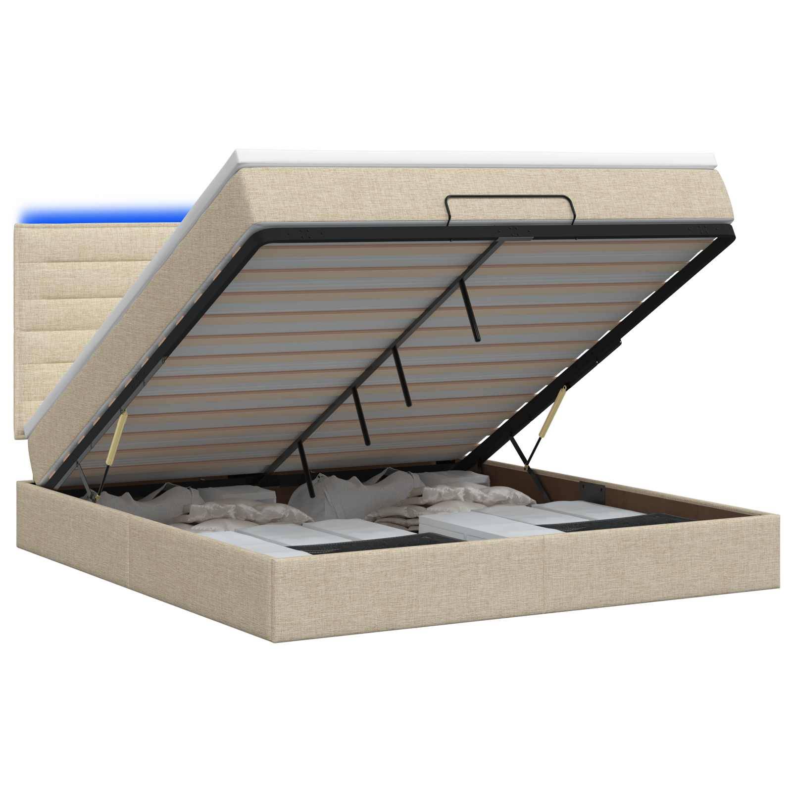 Gepolstertes Bettgestell in Beige mit hochklappbarer Matratze, Speicherplattform offen, wobei das Staufach unter dem Bett sichtbar ist.