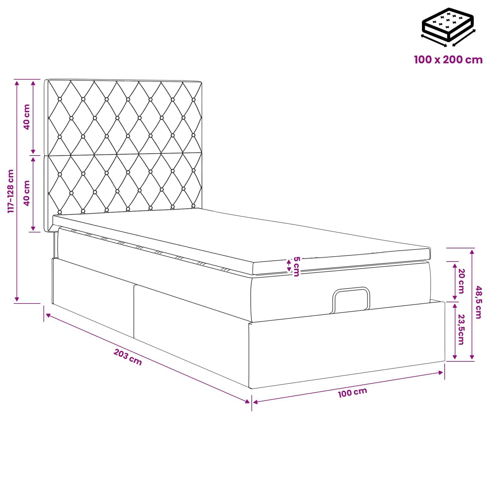 Bemaßte Zeichnung eines Einzelbetts mit gepolstertem Kopfteil, das die Matratzengröße 100 x 200 cm und Maße für Gesamthöhe, Länge, Breite und Lagerhöhe zeigt.