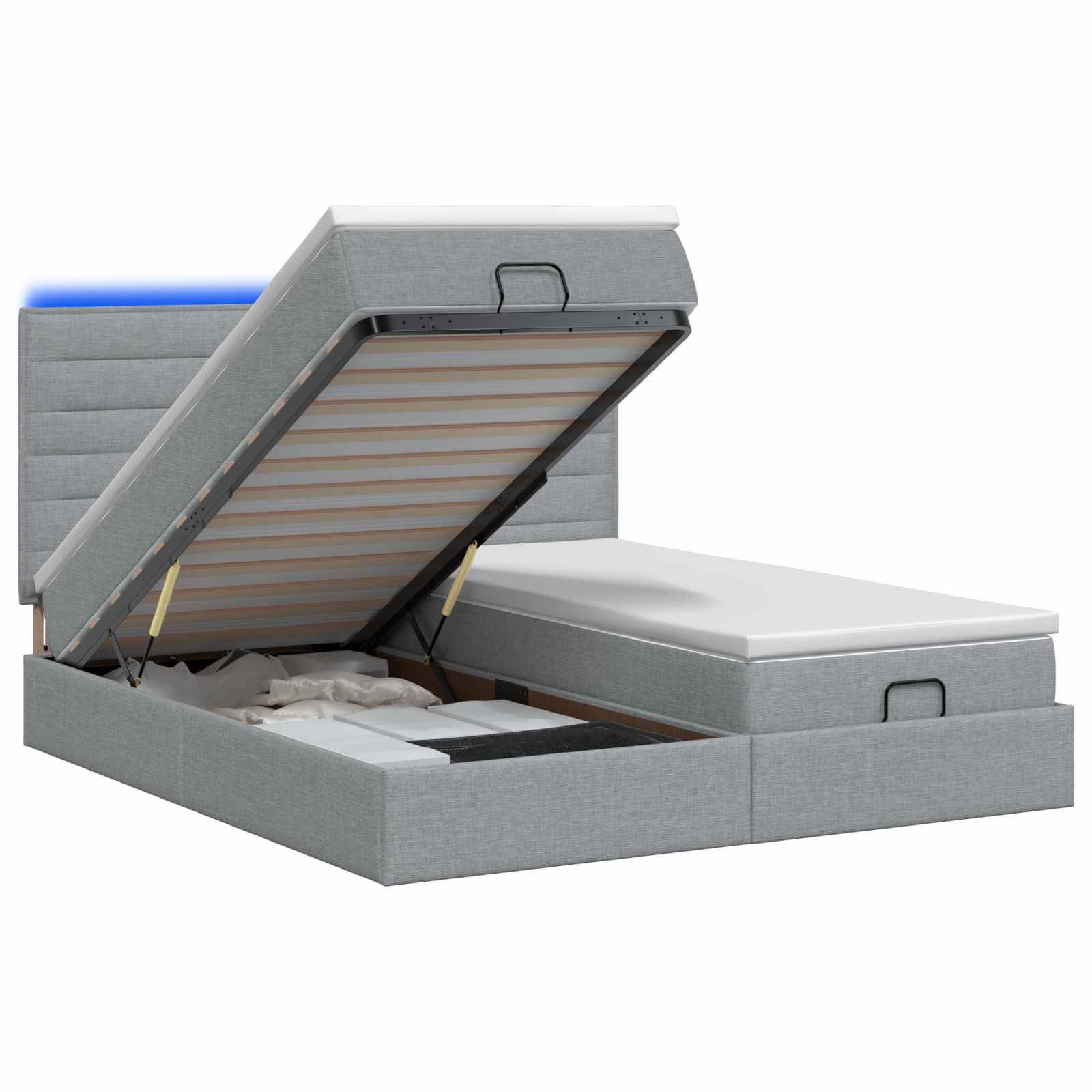 Grau gepolstertes Speicherbett mit angehobenem Bettrahmen, das das Unterboxen-Fach und die Latten-Stützstruktur zeigt.