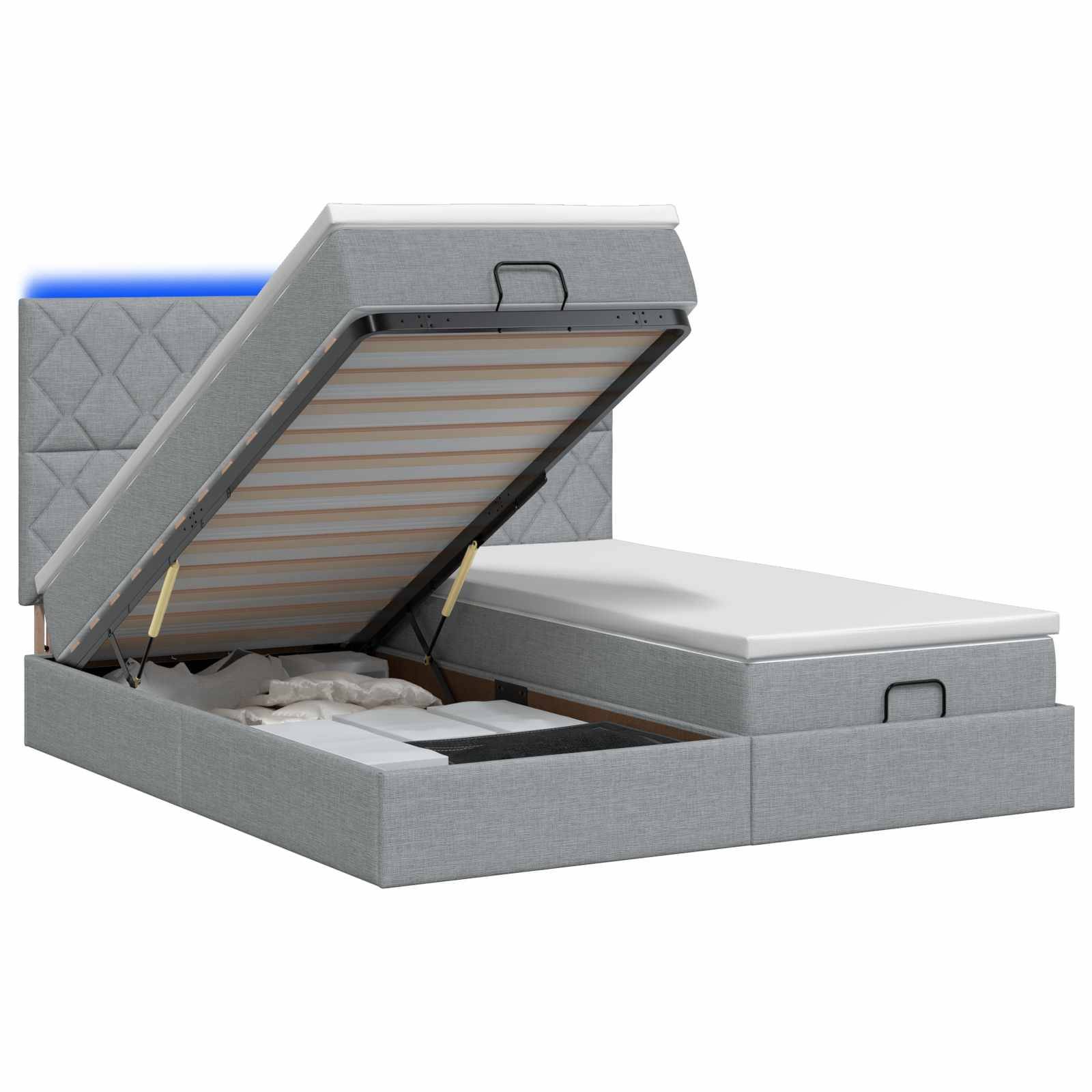 Grau gepolstertes Speicherbett mit der linken Seite angehoben, wobei die Matratzenunterlage und das Unter-Bett-Staupaket sichtbar sind.