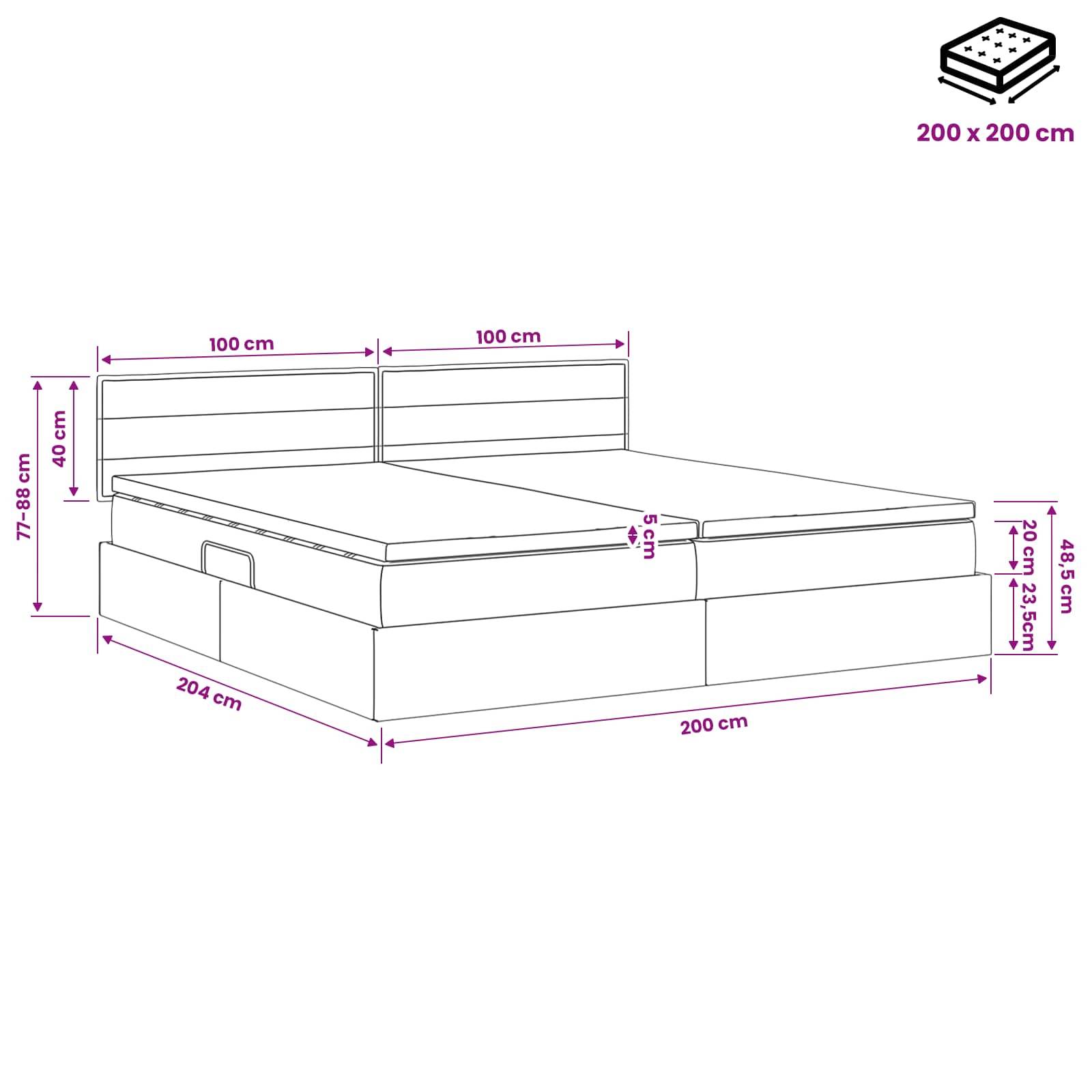 Bemaßtes Diagramm eines Bettgestells mit gepolstertem Kopfteil und Speicherbasis, das eine Matratzengröße von 200 x 200 cm und die Gesamtabmessungen des Bettes zeigt.