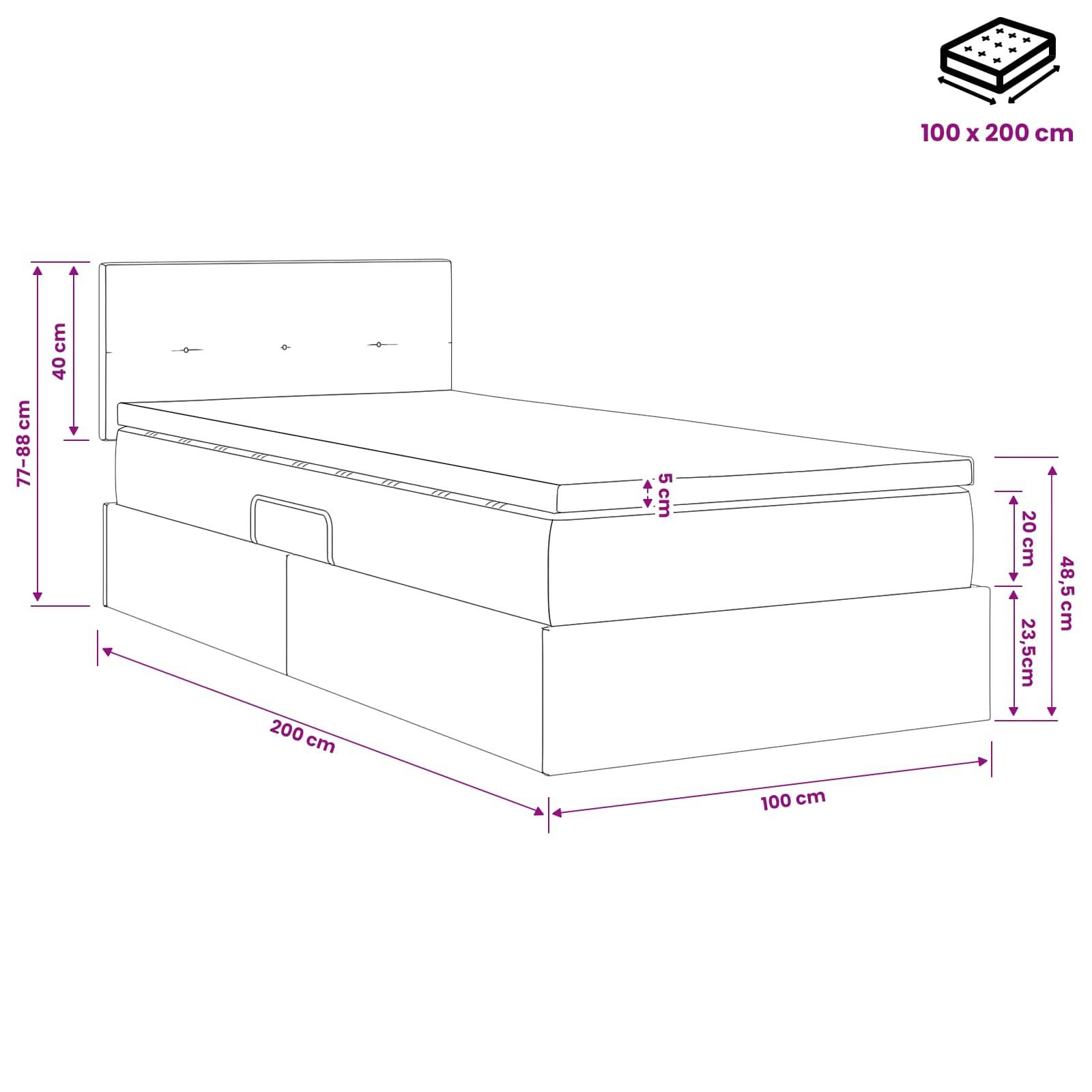Maßzeichnung eines Speicherbetts mit einer 100 x 200 cm Matratze, mit beschrifteten Bettabmessungen und Höhen für Kopfteil, Basis und Gesamtgröße.